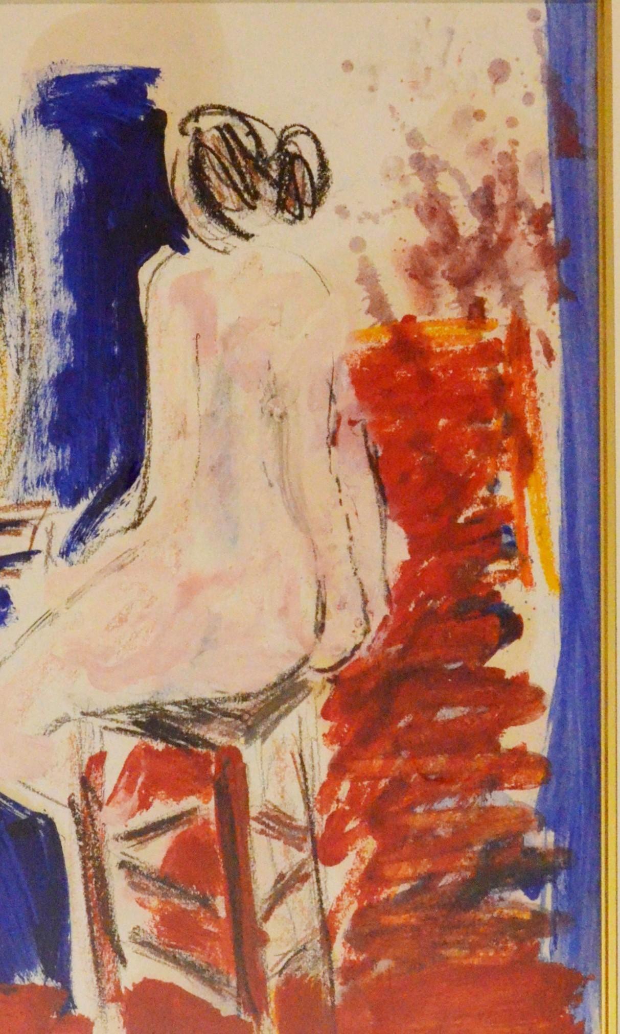 JC Salomoy Expressionist Figure at Dressing Table Painting in Red, Blue & Black For Sale 4