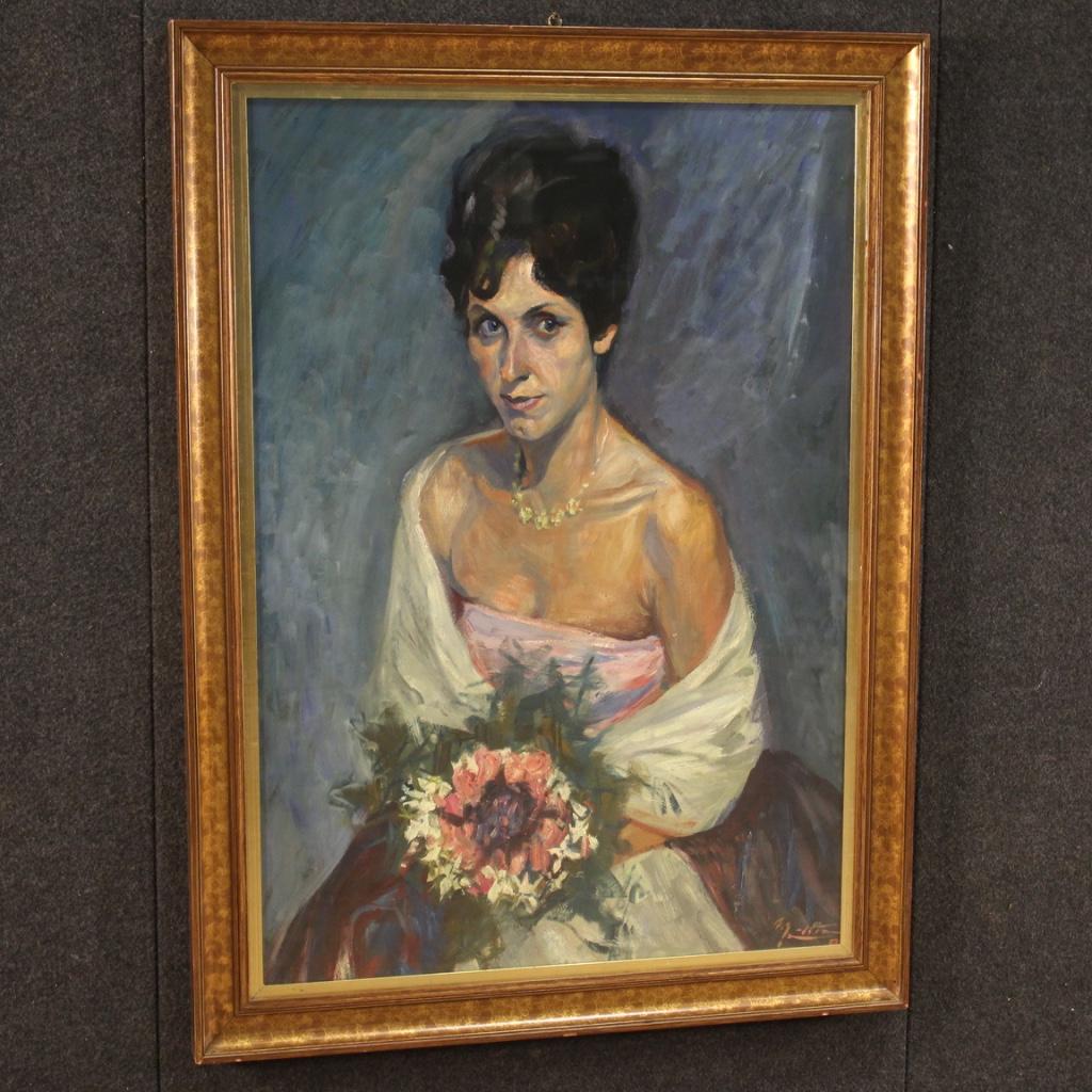 20th Century Signed Mixed-Media Cardboard Italian Portrait Lady Painting, 1960s For Sale 9