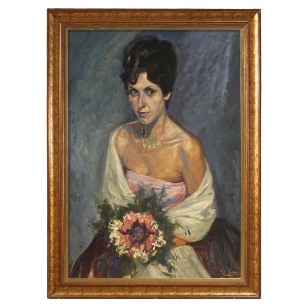 20th Century Signed Mixed-Media Cardboard Italian Portrait Lady Painting, 1960s For Sale