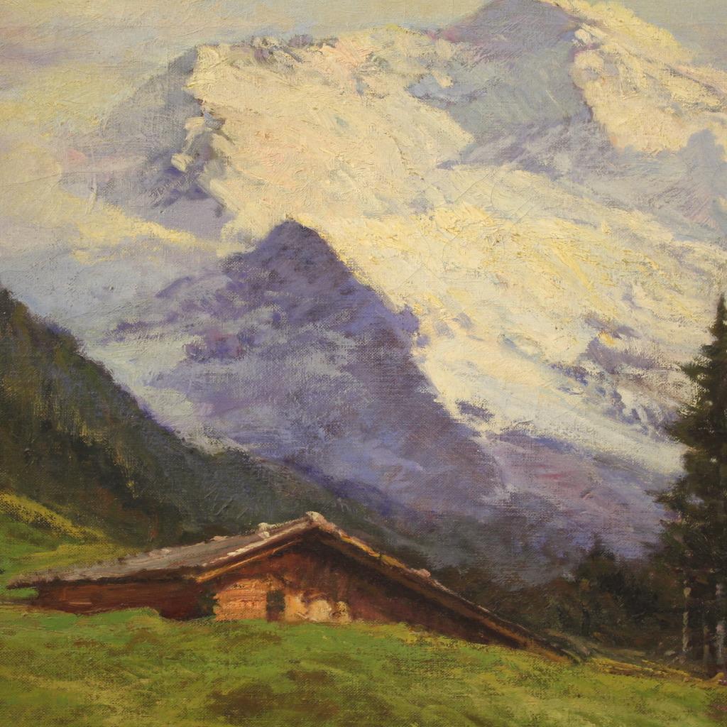 Italian painting from the first half of the 20th century. Artwork oil on canvas, first canvas, depicting a fabulous mountain view with chalet of excellent pictorial quality. Painting of good size and good luminosity characterized by particular