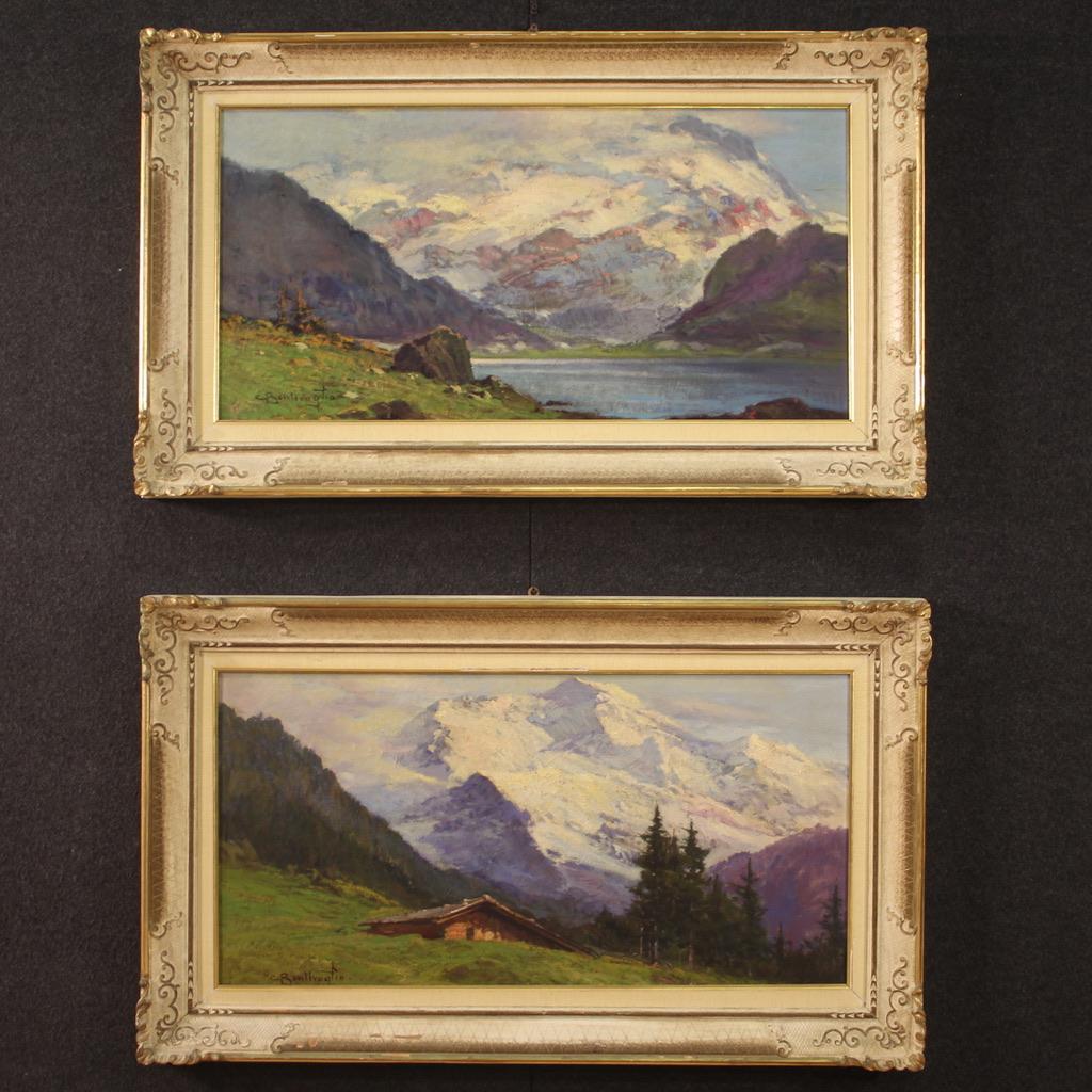 20e siècle Huile sur toile signée Peinture de paysage italien Vue sur la montagne, 1930 Bon état - En vente à Vicoforte, Piedmont