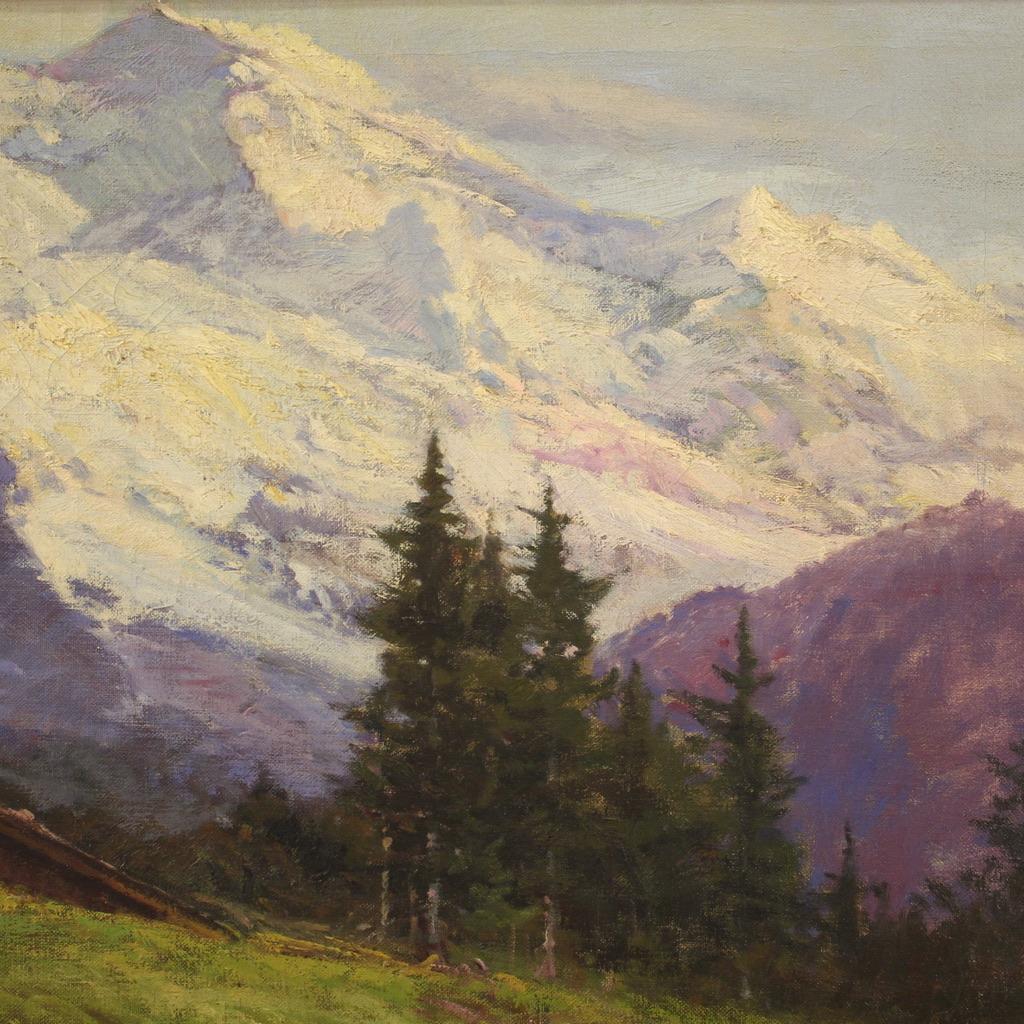20e siècle Huile sur toile signée Peinture de paysage italien Vue sur la montagne, 1930 en vente 1