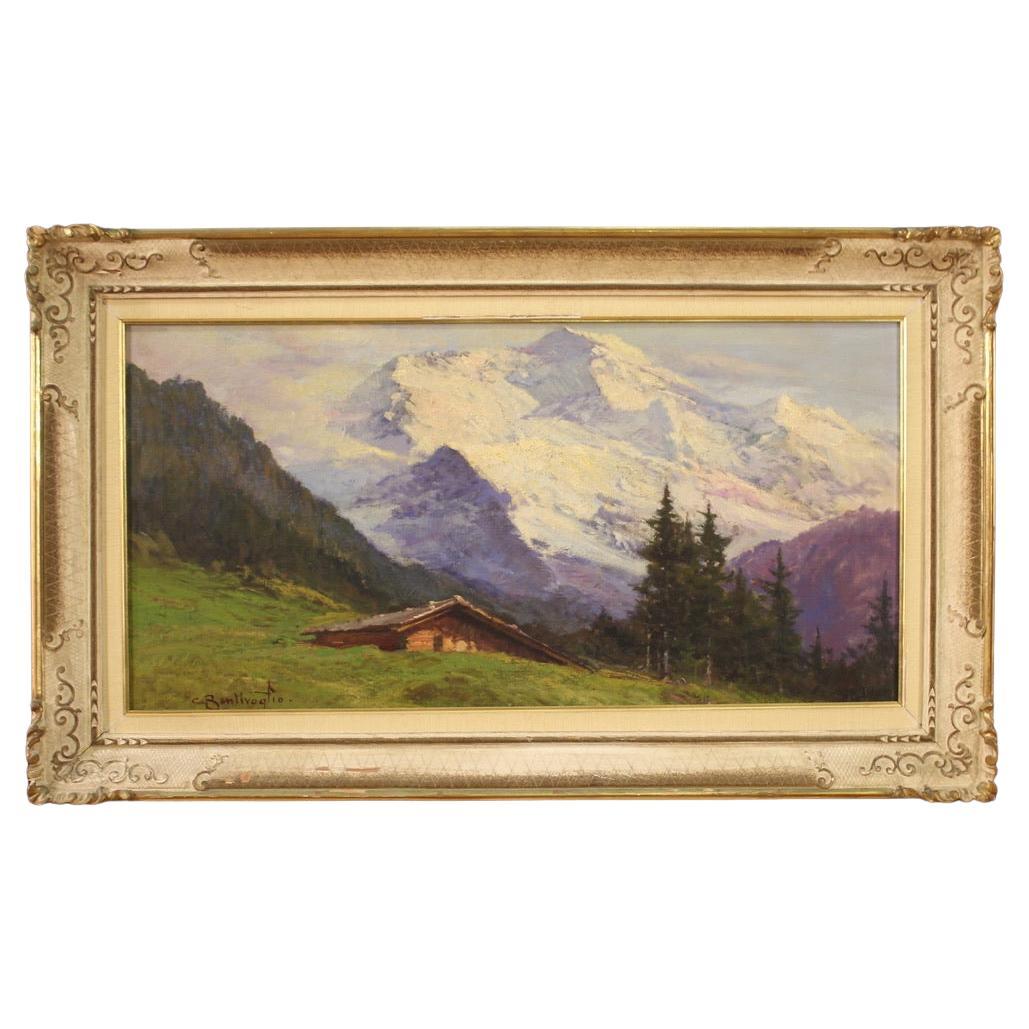 20e siècle Huile sur toile signée Peinture de paysage italien Vue sur la montagne, 1930 en vente