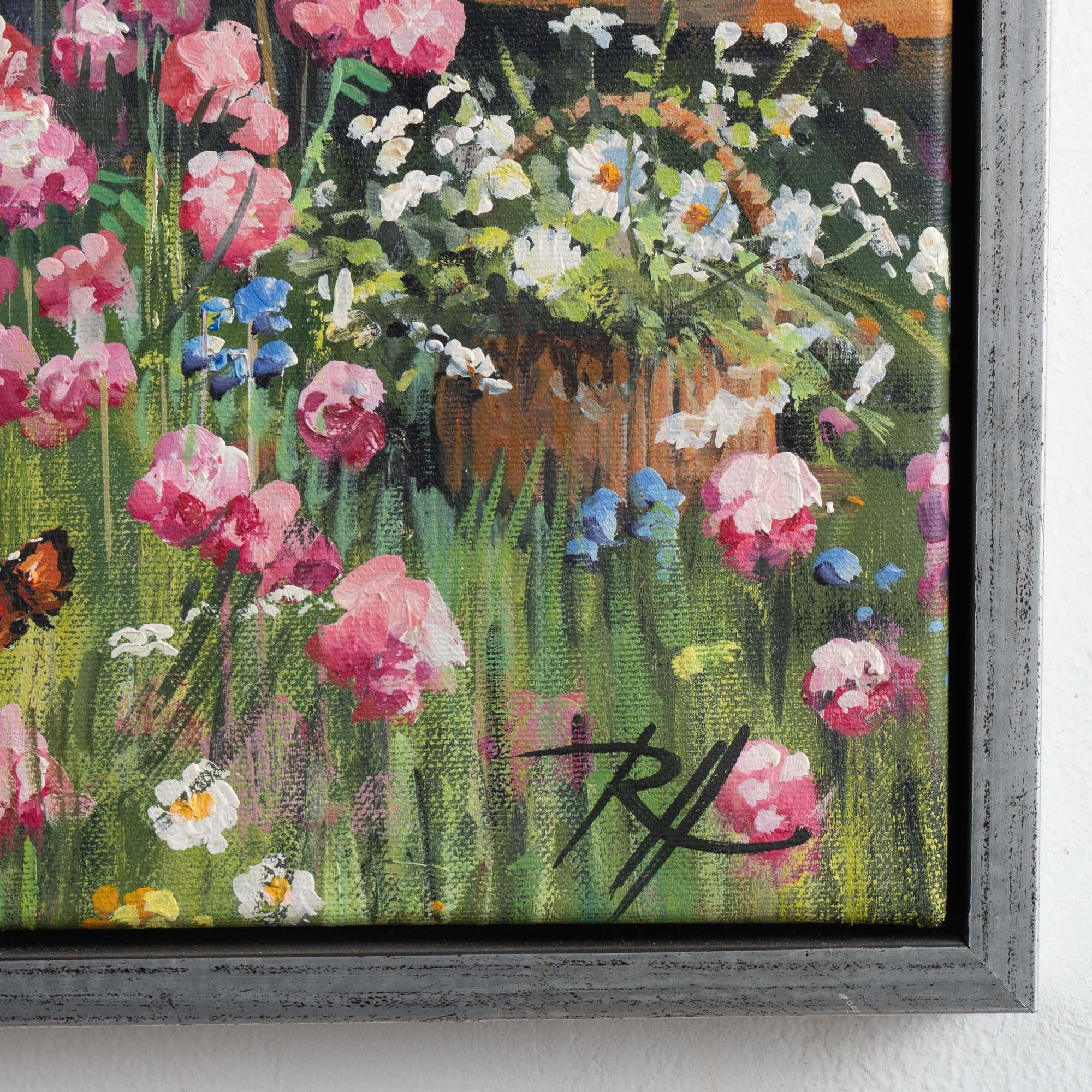 Siglo XX Pintura al óleo sobre lienzo firmada de Mujer joven en un jardín de flores en venta 5