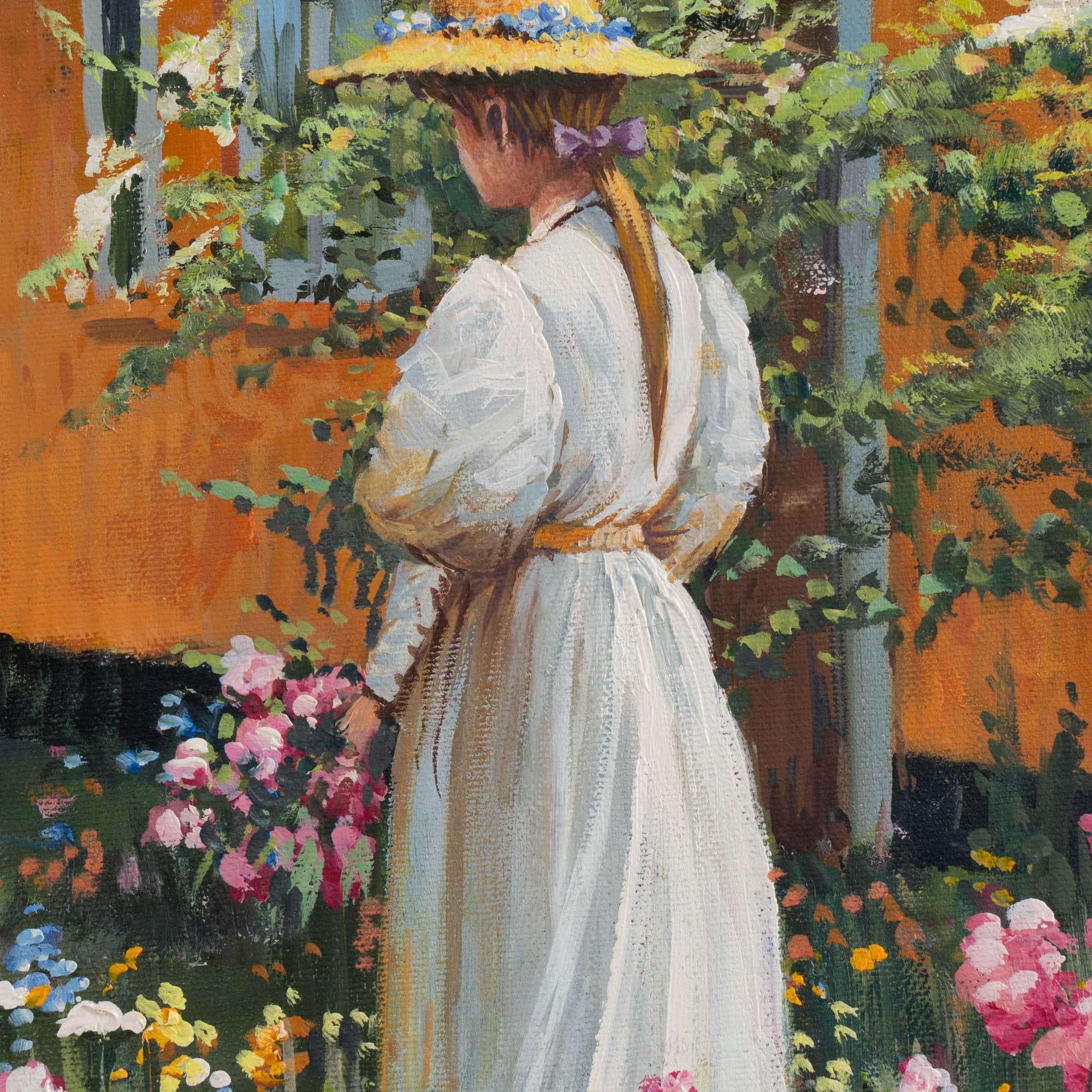 Siglo XX Pintura al óleo sobre lienzo firmada de Mujer joven en un jardín de flores Danés en venta