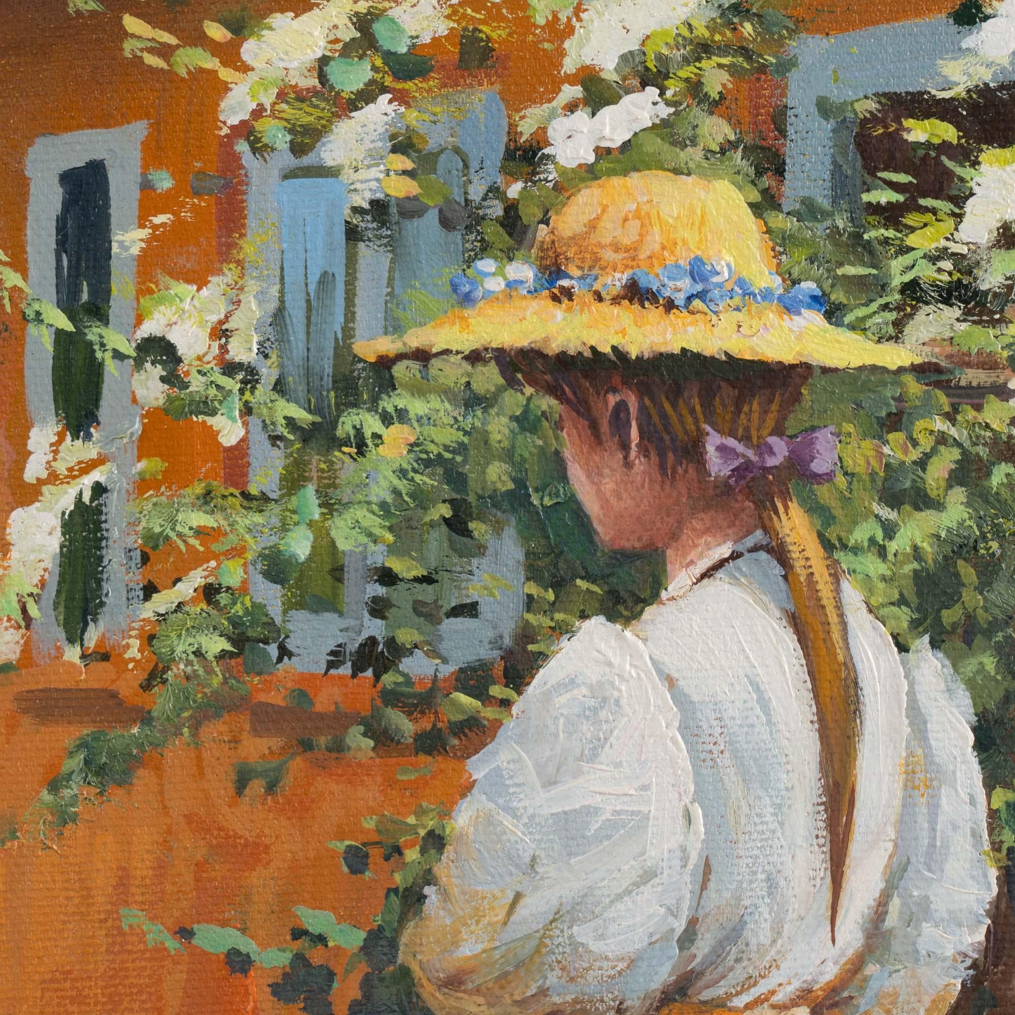 Siglo XX Pintura al óleo sobre lienzo firmada de Mujer joven en un jardín de flores en Bueno estado para la venta en Round Top, TX