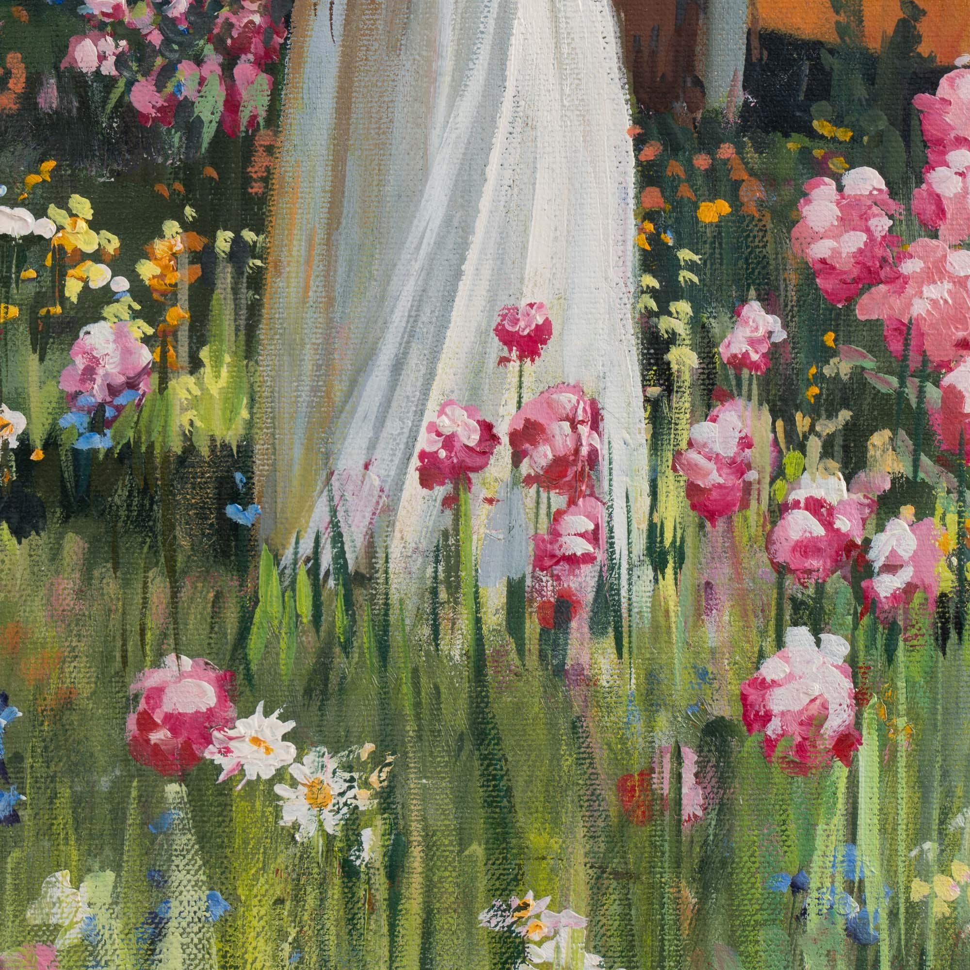 Siglo XX Pintura al óleo sobre lienzo firmada de Mujer joven en un jardín de flores siglo XX en venta