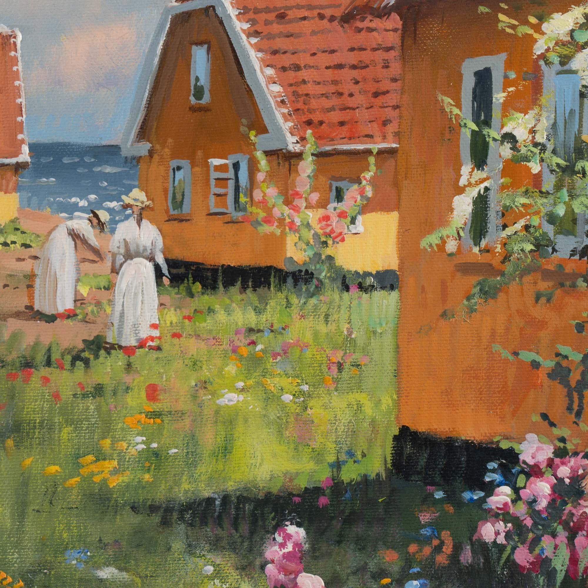 Siglo XX Pintura al óleo sobre lienzo firmada de Mujer joven en un jardín de flores Lienzo en venta