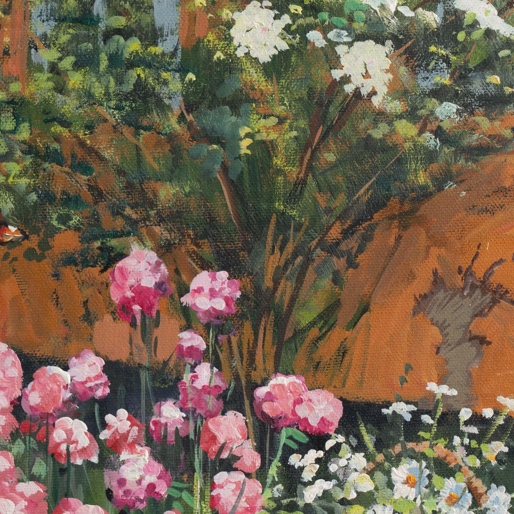 Siglo XX Pintura al óleo sobre lienzo firmada de Mujer joven en un jardín de flores en venta 1