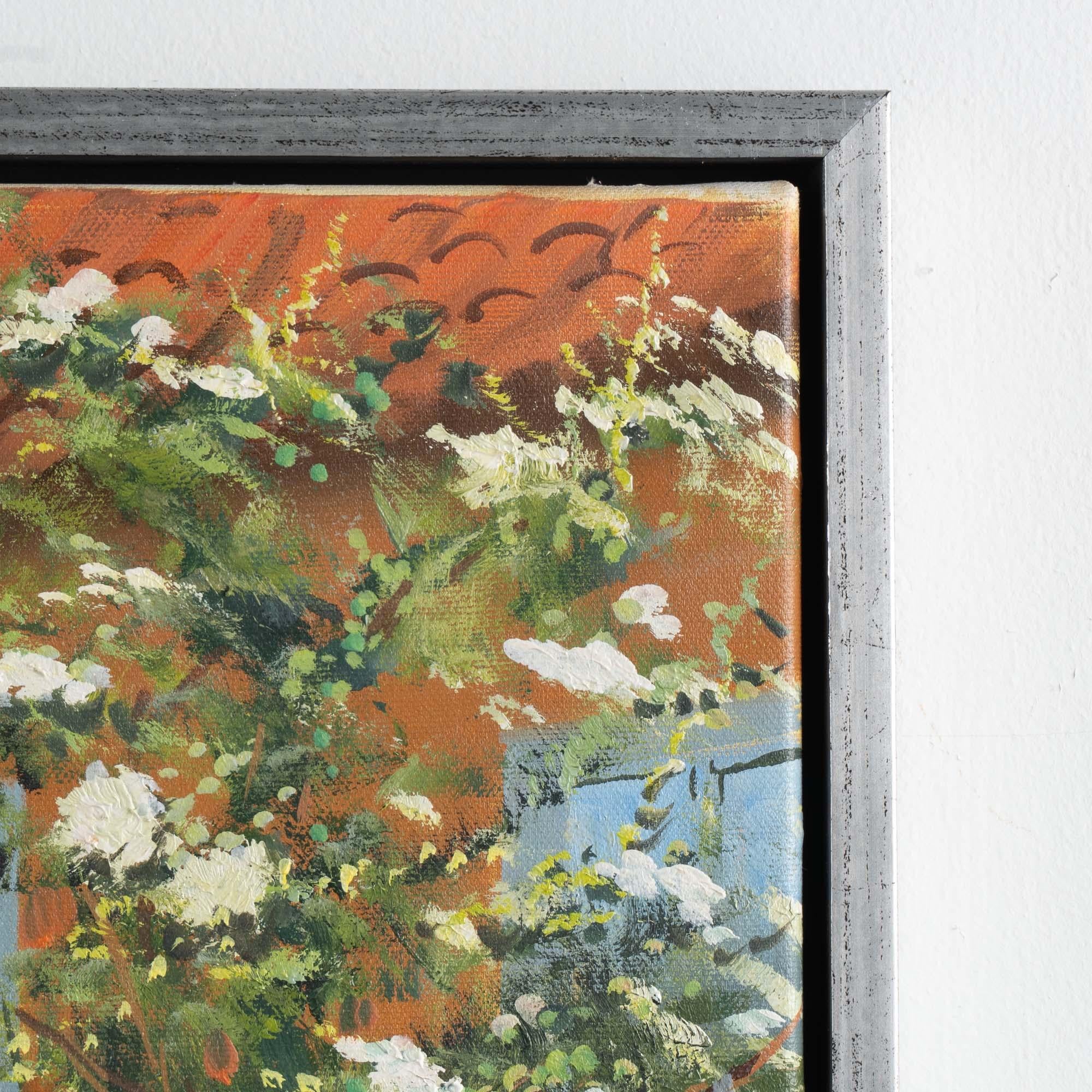 Siglo XX Pintura al óleo sobre lienzo firmada de Mujer joven en un jardín de flores en venta 3