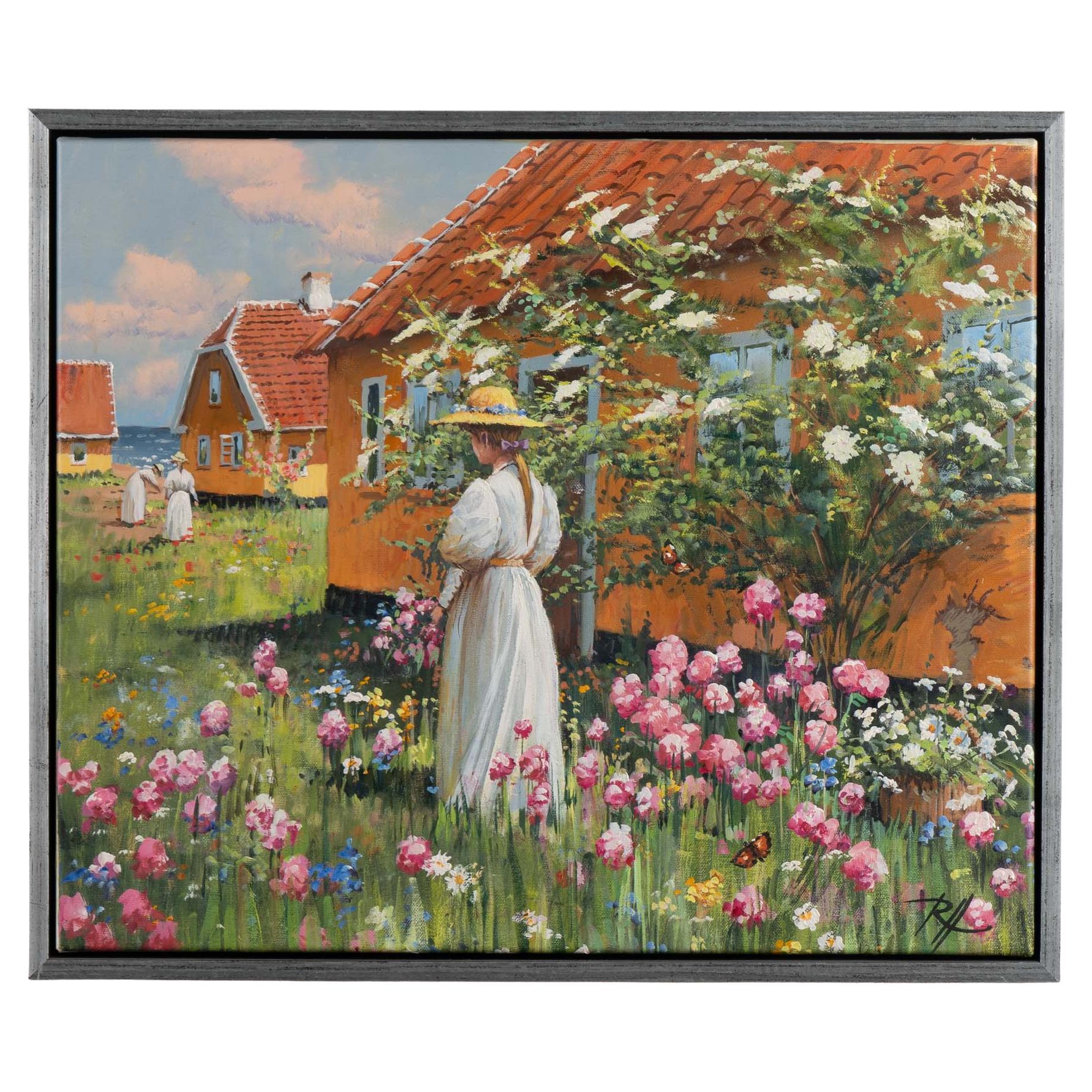 Siglo XX Pintura al óleo sobre lienzo firmada de Mujer joven en un jardín de flores en venta