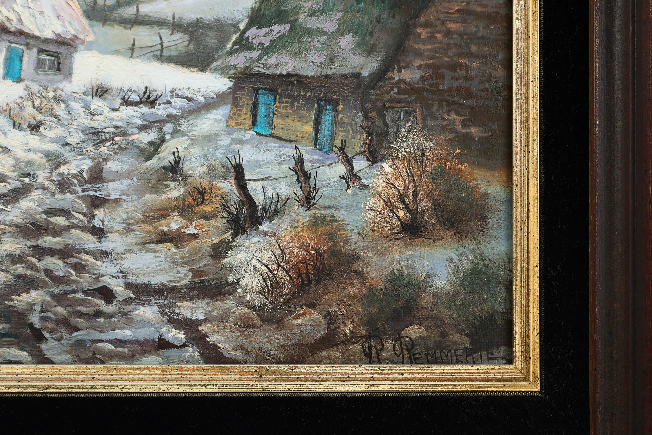 Baroque 20th Century signed painting of a landscape with old houses For Sale
