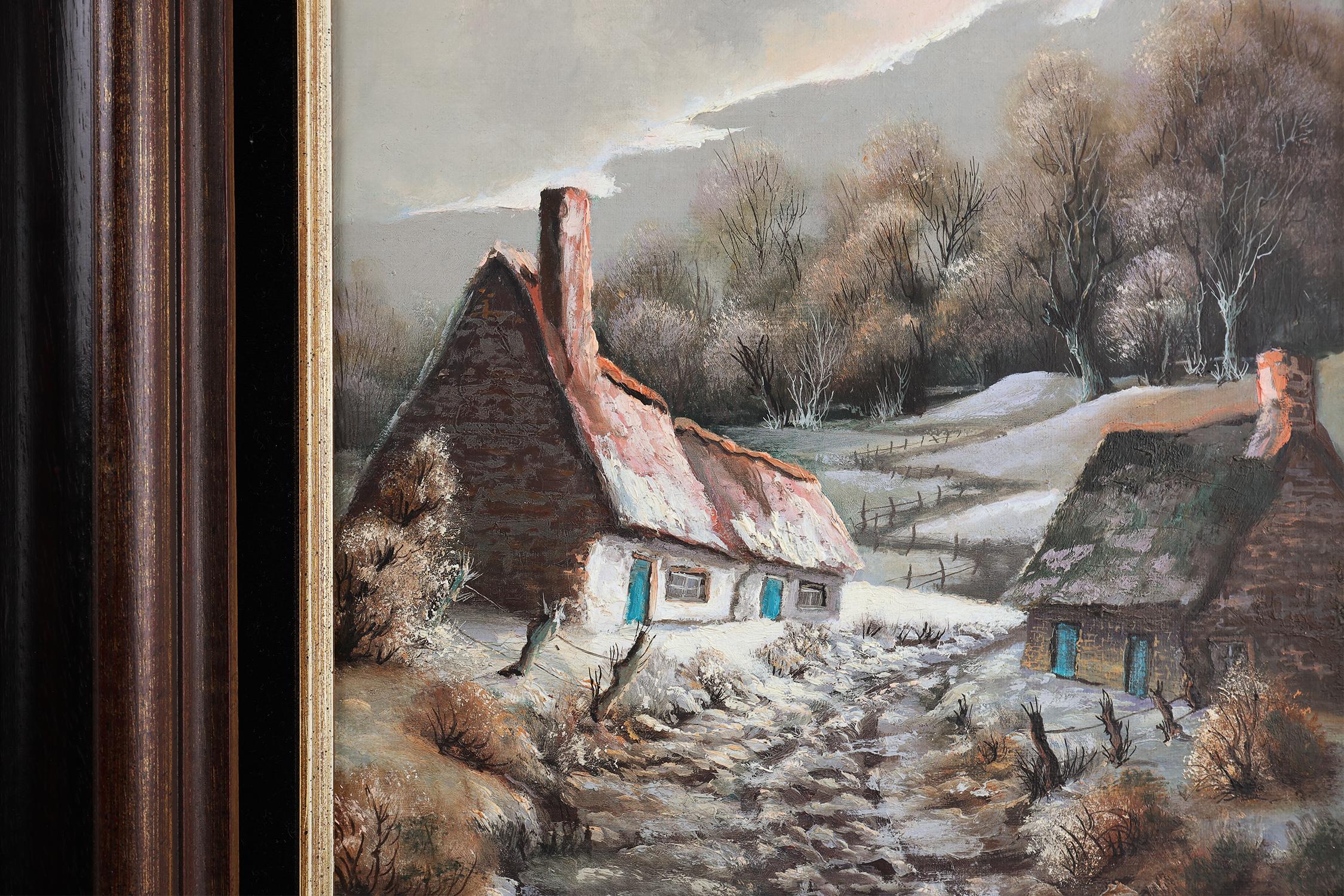 Hand-Painted 20th Century signed painting of a landscape with old houses For Sale
