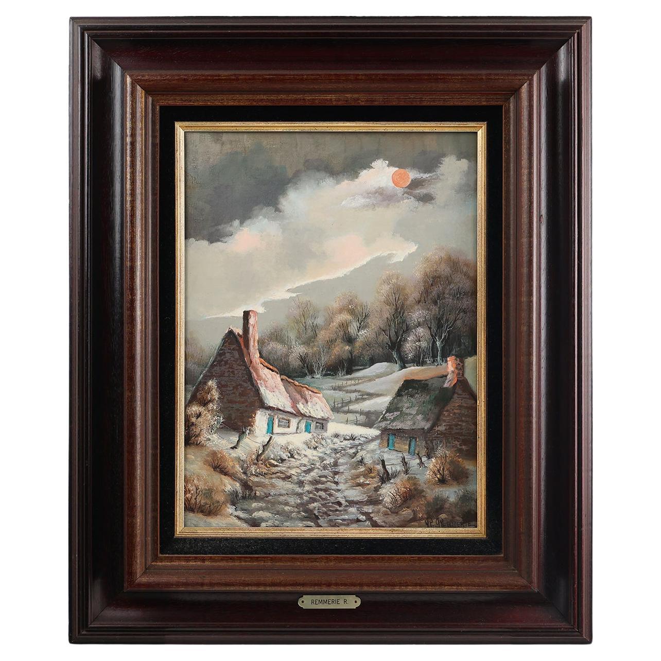 20th Century signed painting of a landscape with old houses
