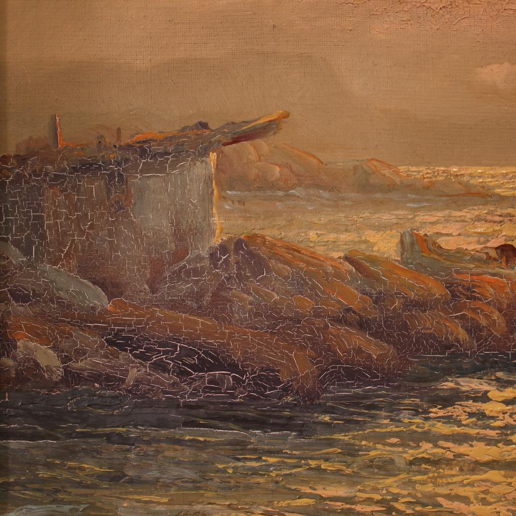 20ème siècle Huile sur Cavas signée Remo Testa Peinture italienne de paysage marin, 1950 en vente 4