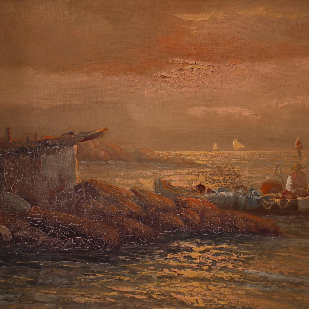 20ème siècle Huile sur Cavas signée Remo Testa Peinture italienne de paysage marin, 1950 en vente 3