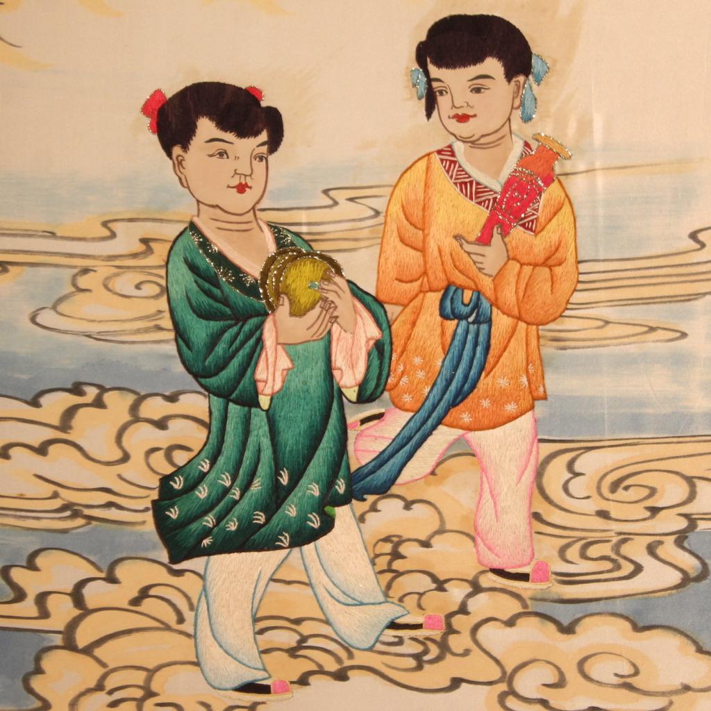 20th Century Silk and Tissue Antique Chinese Landscape Figures Artwork, 1980 For Sale 6
