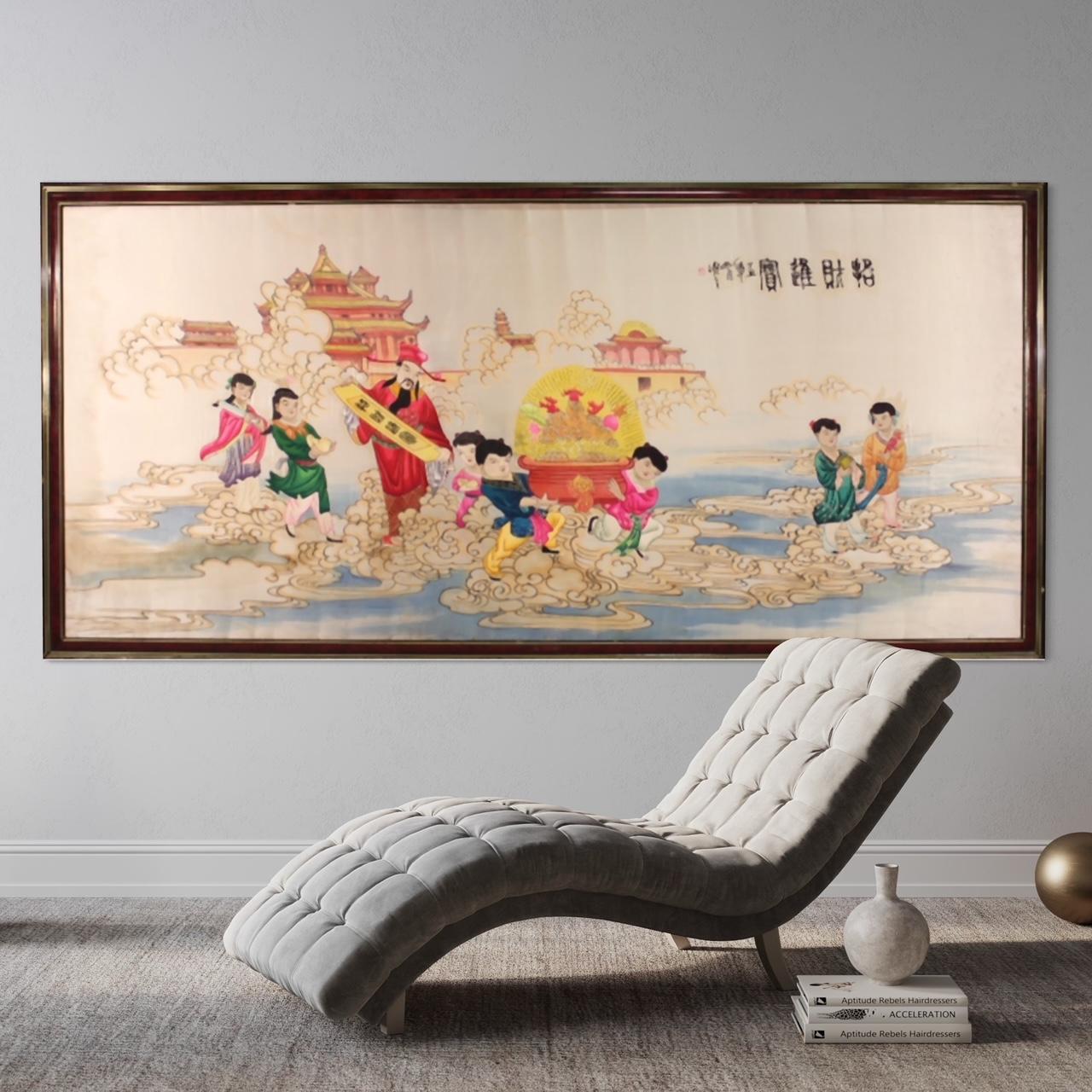 20th Century Silk and Tissue Antique Chinese Landscape Figures Artwork, 1980 For Sale 7