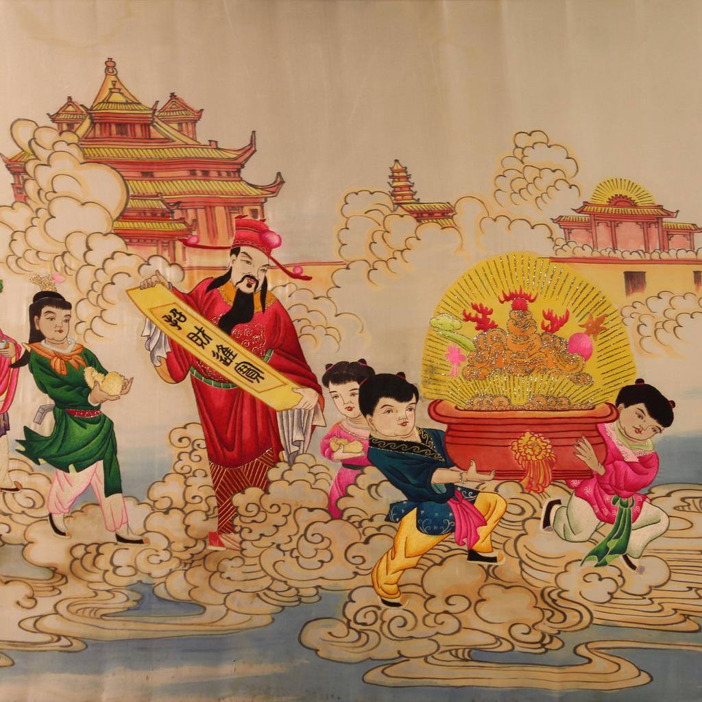 Embroidered 20th Century Silk and Tissue Antique Chinese Landscape Figures Artwork, 1980 For Sale