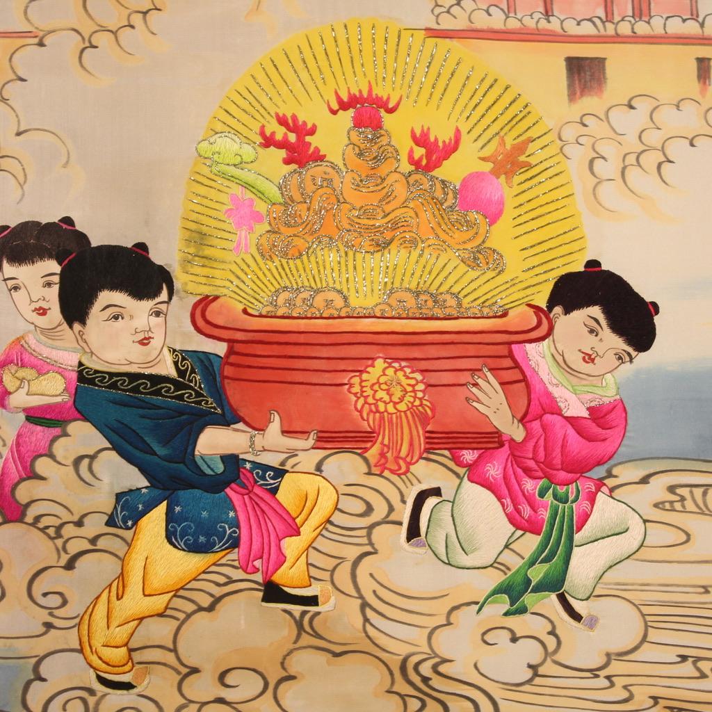 Soie Tableau de paysage chinois ancien en soie et édition du 20e siècle, 1980 en vente
