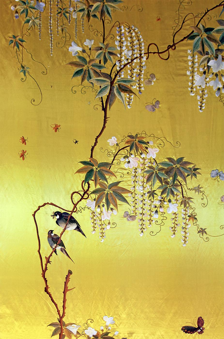 Showa 20th Century Silk Embroidered Herons under a Blooming Wisteria of Butterflies