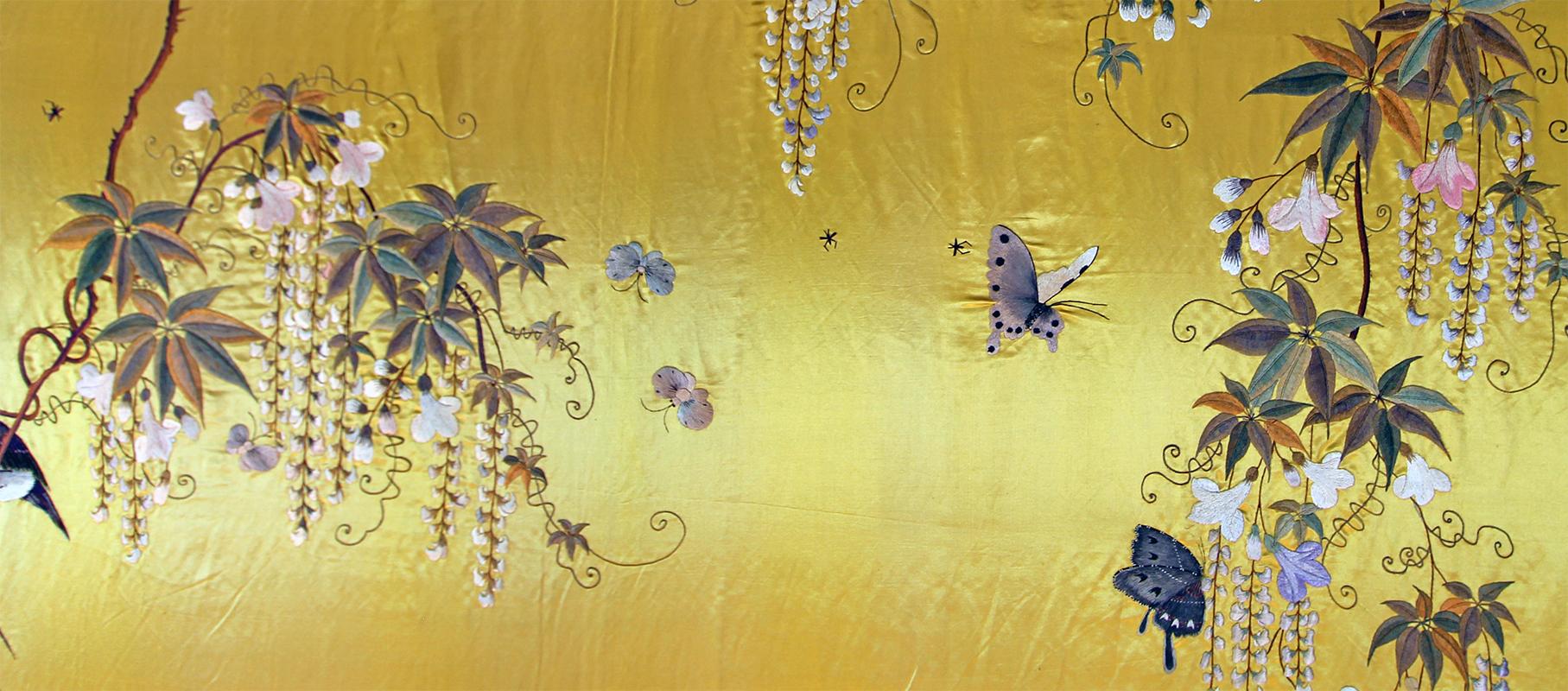 Japanese 20th Century Silk Embroidered Herons under a Blooming Wisteria of Butterflies