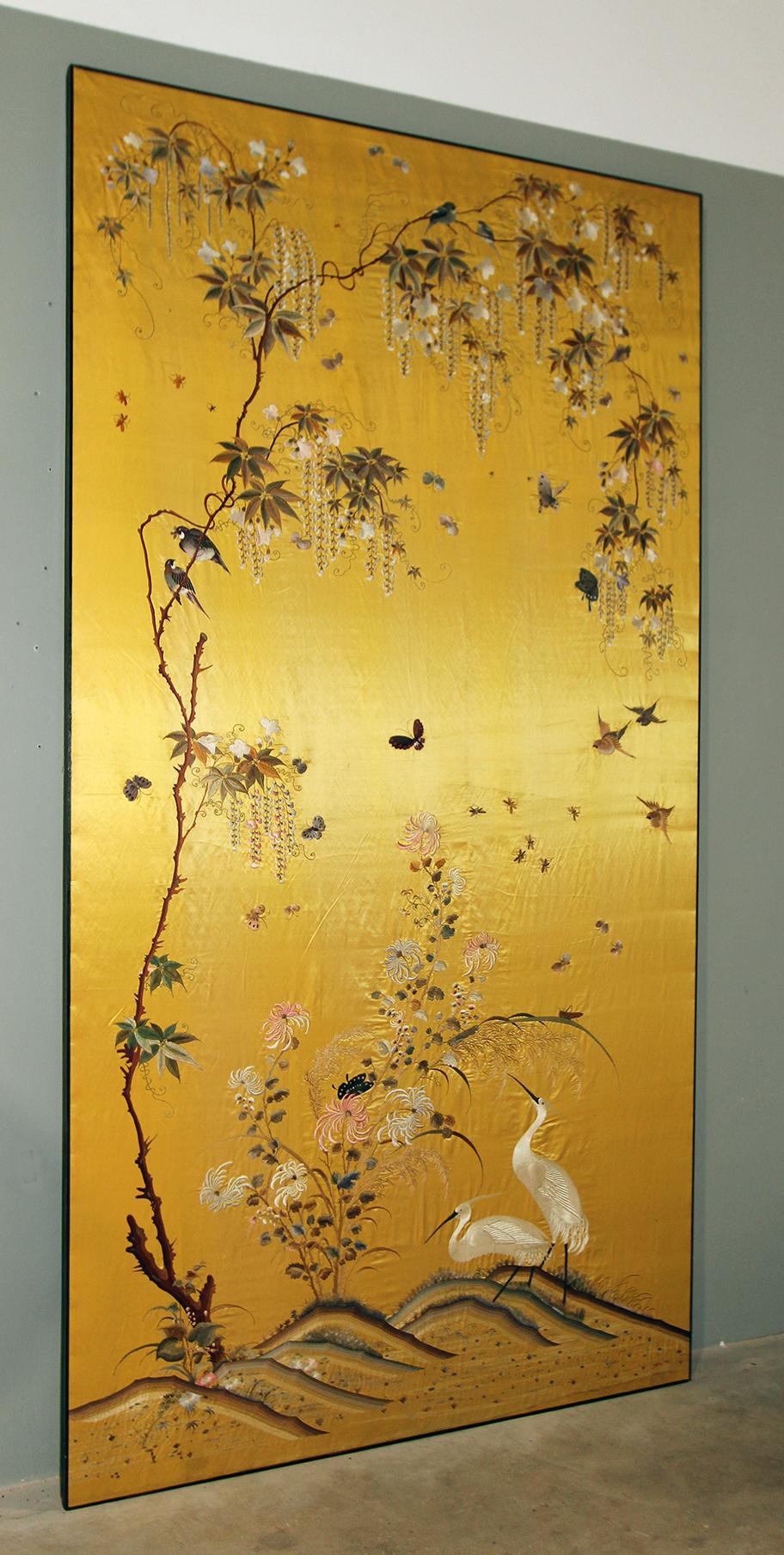 20th Century Silk Embroidered Herons under a Blooming Wisteria of Butterflies 1
