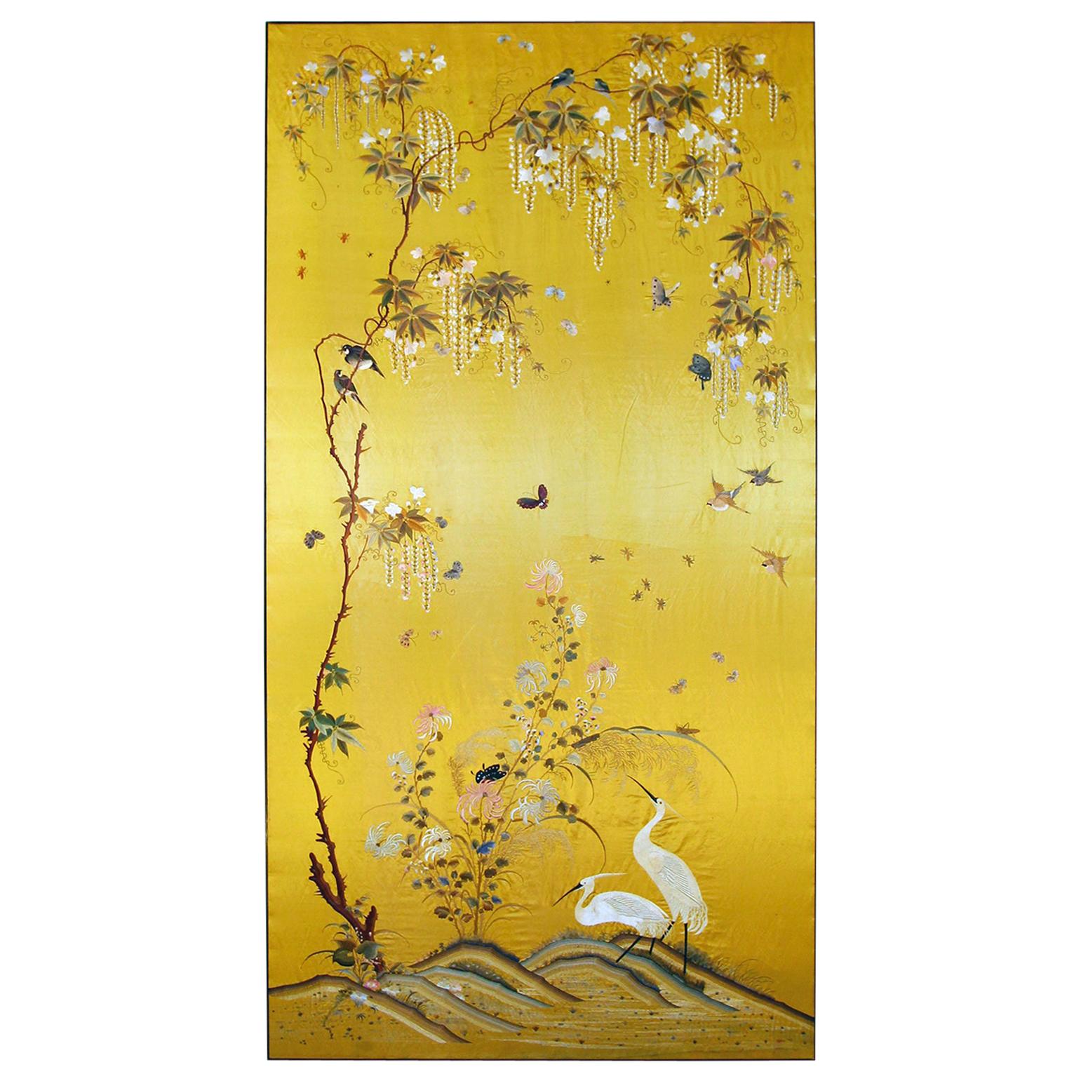 20th Century Silk Embroidered Herons under a Blooming Wisteria of Butterflies