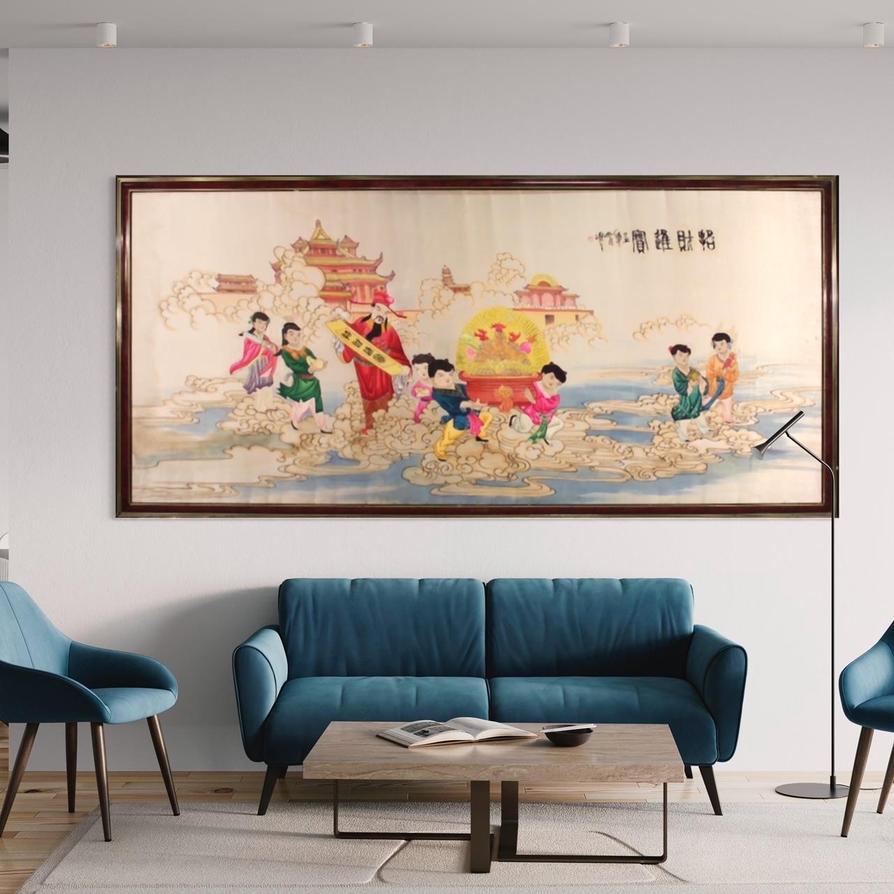 Great late 20th century Chinese decorative panel. Artwork on silk and tissue, embroidered, colored and painted, depicting a landscape with figures and writings in Chinese characters. Tissue fixed and stretched on a wooden panel (see photo) with a