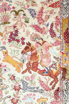 20th Century Silk Ghom Rug with Hunting Scene and Decorative Borders