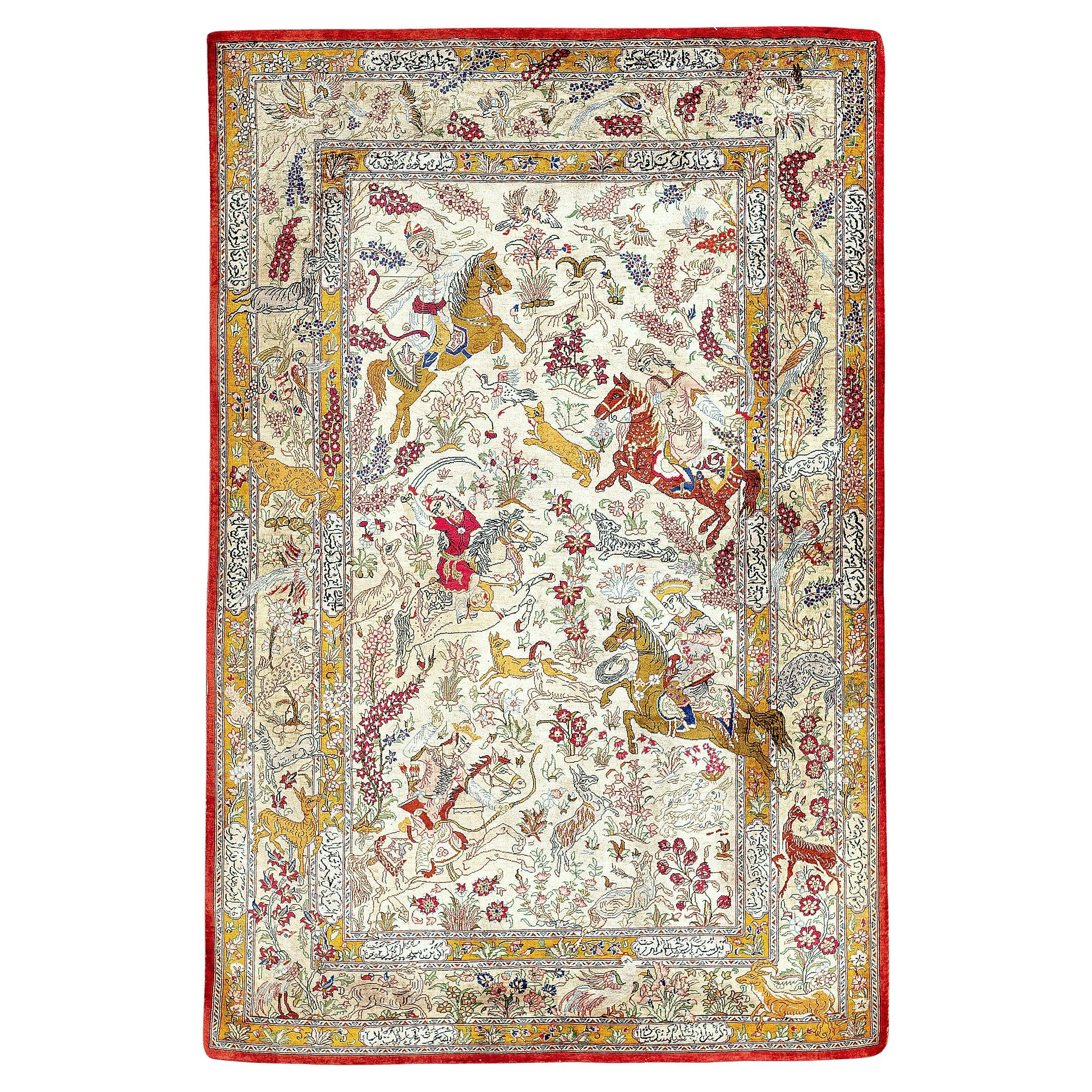20th Century Silk Ghom-Style Rug with Hunting Scene and Decorative Borders