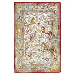 20th Century Silk Ghom-Style Rug with Hunting Scene and Decorative Borders