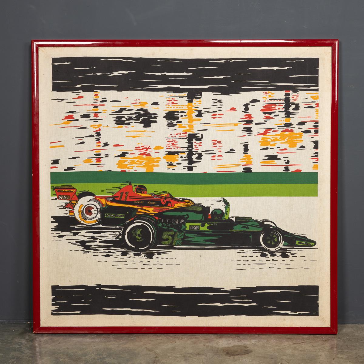 A mid 20th Century silk screen print of racing F1 cars on the track. This superb large posters comes with a timeless made to measure custom frame.

Condition
In Great Condition - No Damage.

Size
Width: 111cm
Height: 107cm.
