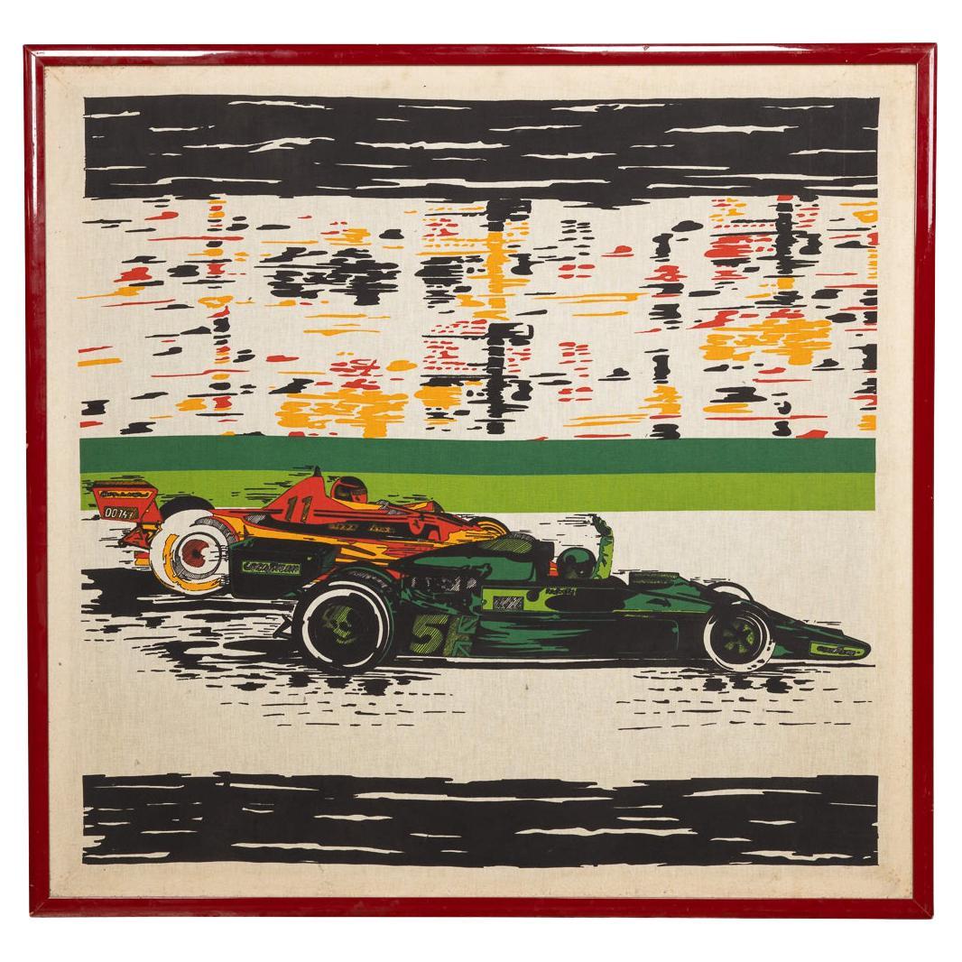 Affiche en soie du 20e siècle représentant des voitures de course F1 sur piste, vers 1970