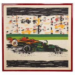 Vintage 20th Century Silk Screen Print of Racing F1 Cars on Track Poster, c.1970