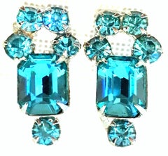 20th Century Silver & Austrian Crystal Blue Sapphire Pair Of Earrings