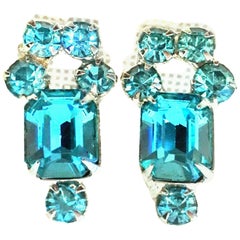 Vintage 20th Century Silver & Austrian Crystal Blue Sapphire Pair Of Earrings