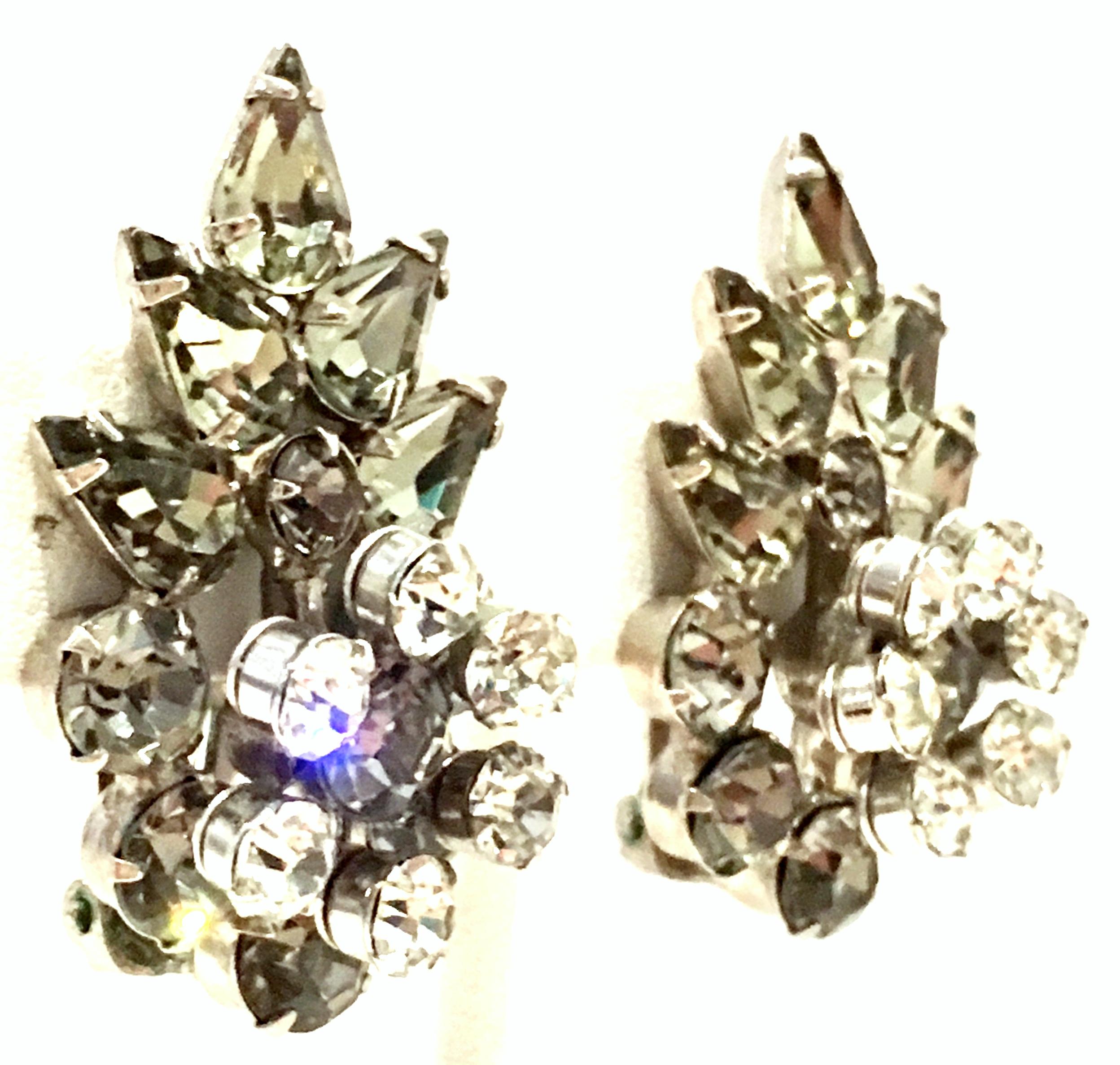 20th Century Silver & Austrian Crystal Dimensional Abstract Floral Earrings In Good Condition For Sale In West Palm Beach, FL