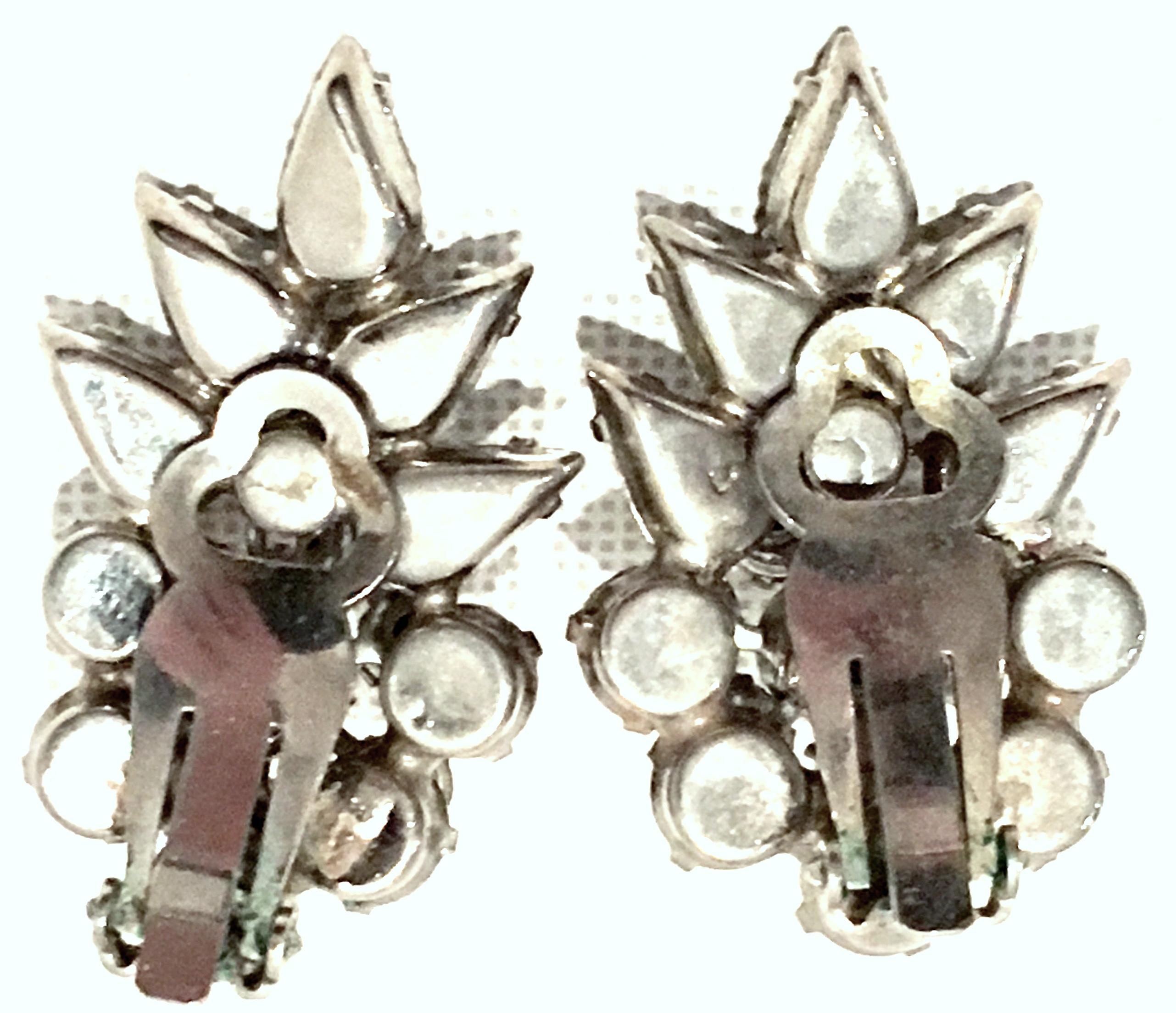 20th Century Silver & Austrian Crystal Dimensional Abstract Floral Earrings For Sale 3