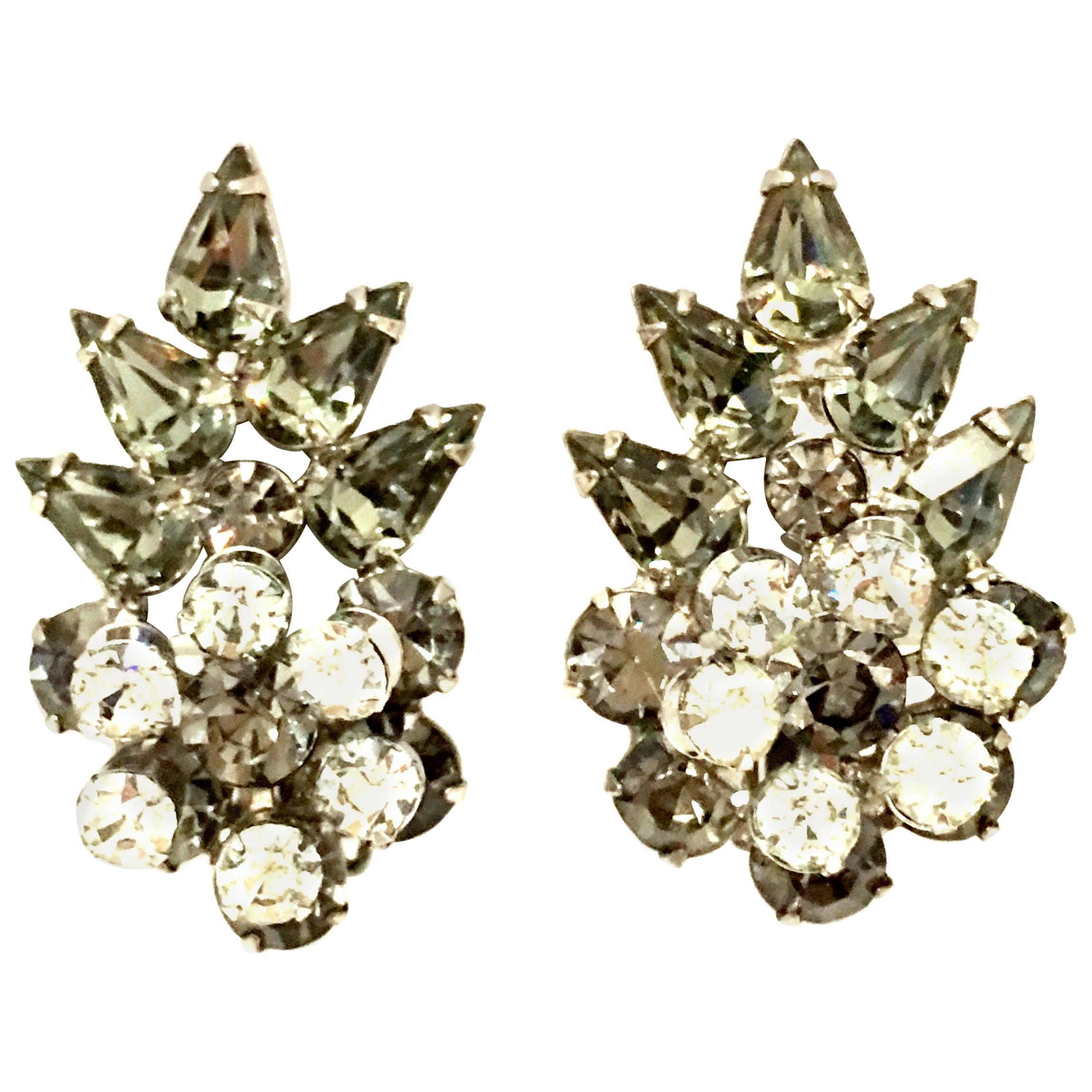 20th Century Silver & Austrian Crystal Dimensional Abstract Floral Earrings For Sale
