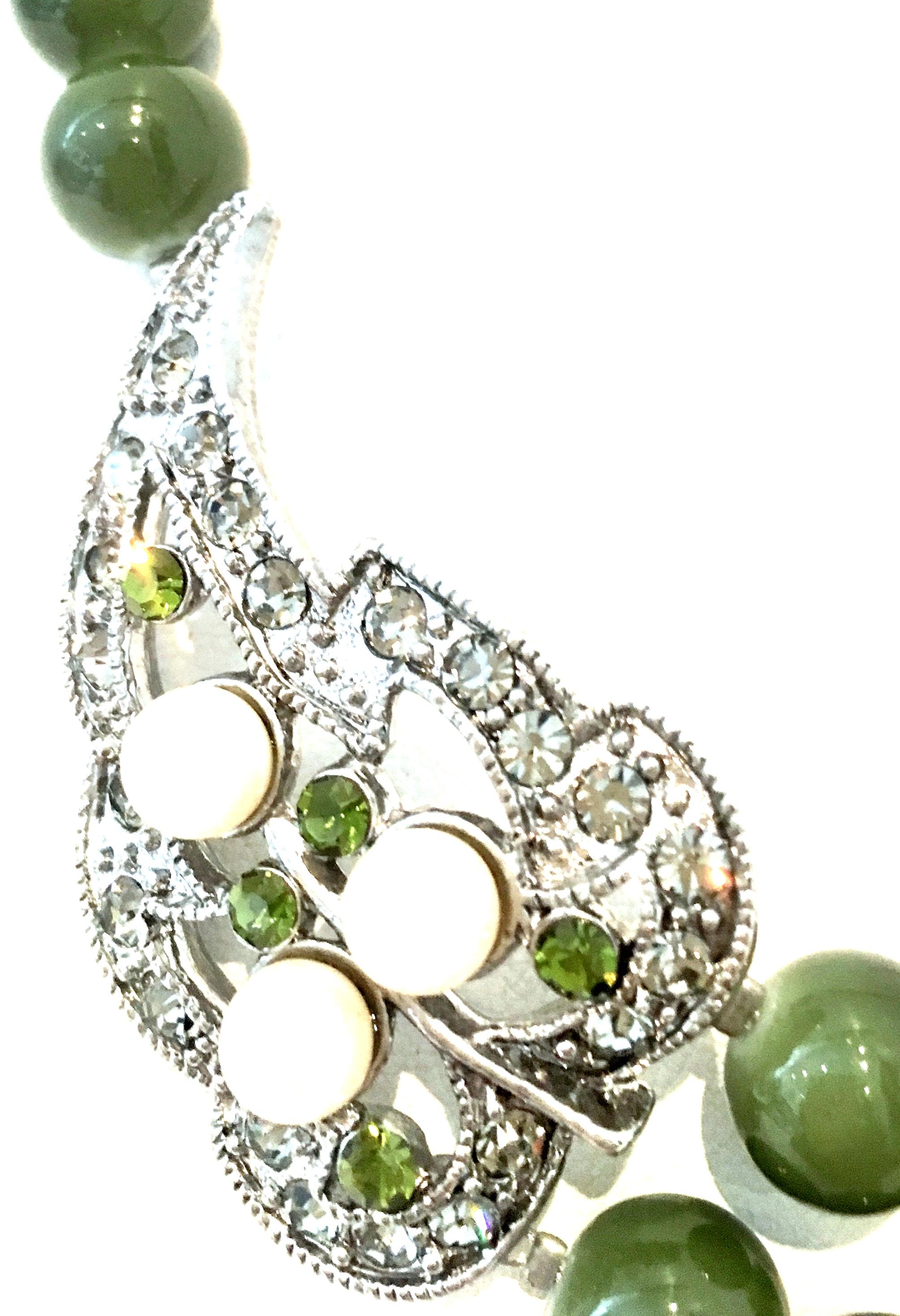 Women's or Men's 20th Century Silver, Austrian Crystal Faux Pearl & Faux Jade Bead Necklace