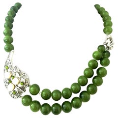 20th Century Silver, Austrian Crystal Faux Pearl & Faux Jade Bead Necklace