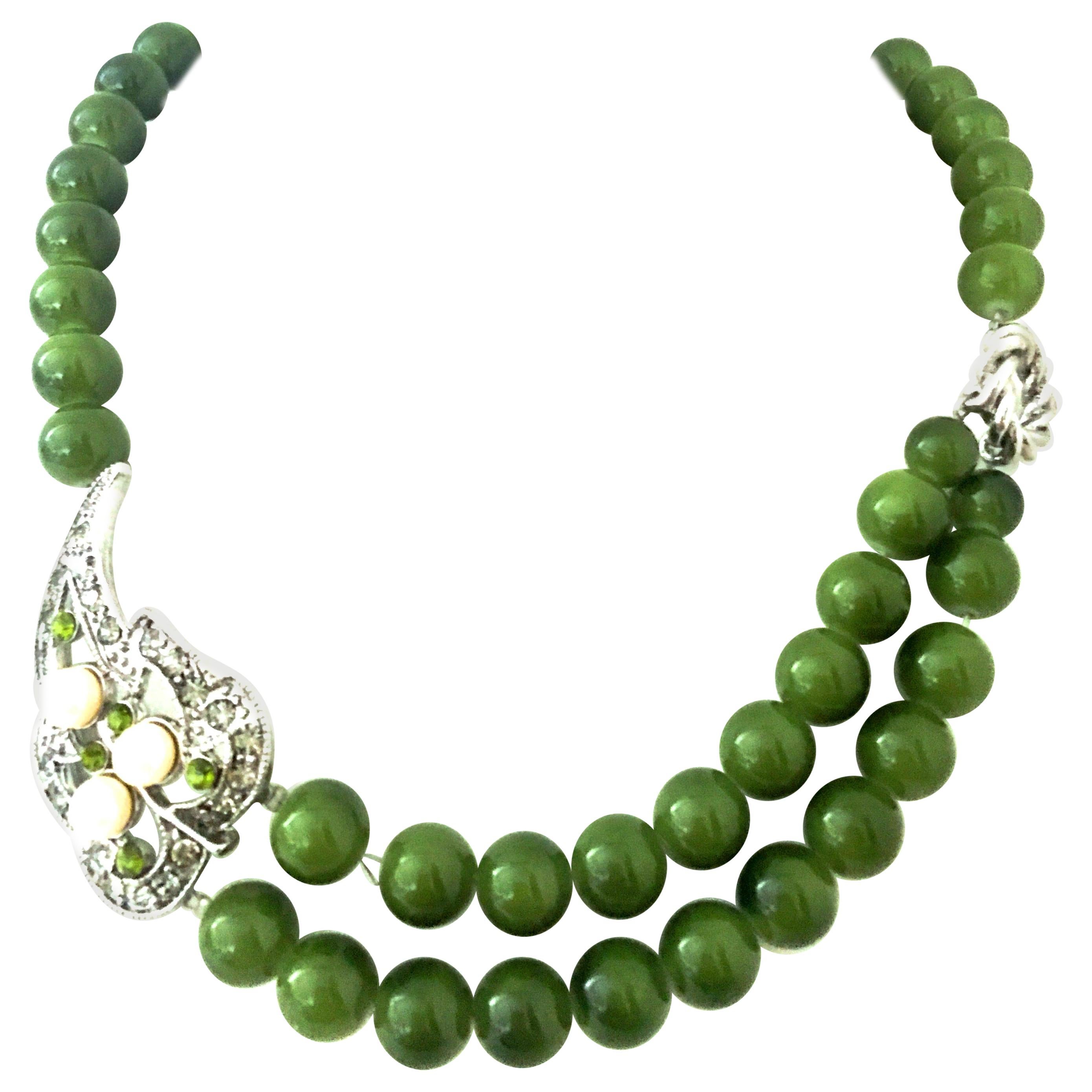 20th Century Silver, Austrian Crystal Faux Pearl & Faux Jade Bead Necklace For Sale