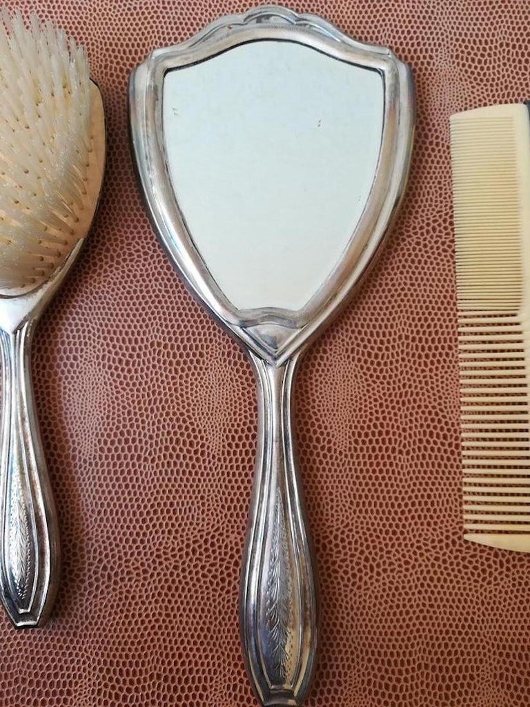 20th Century Silver Beauty Set with Air Brush, Comb and Mirror, 1940s