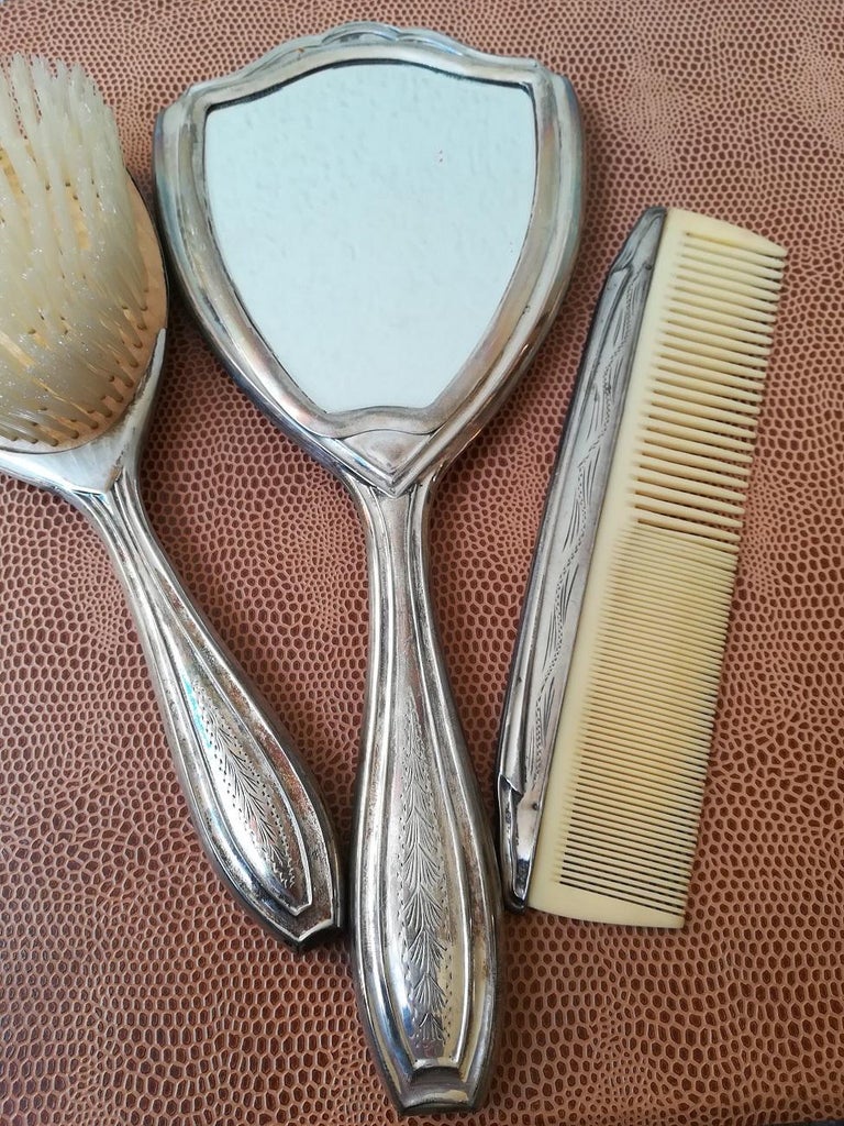 20th Century Silver Beauty Set with Air Brush, Comb and Mirror, 1940s