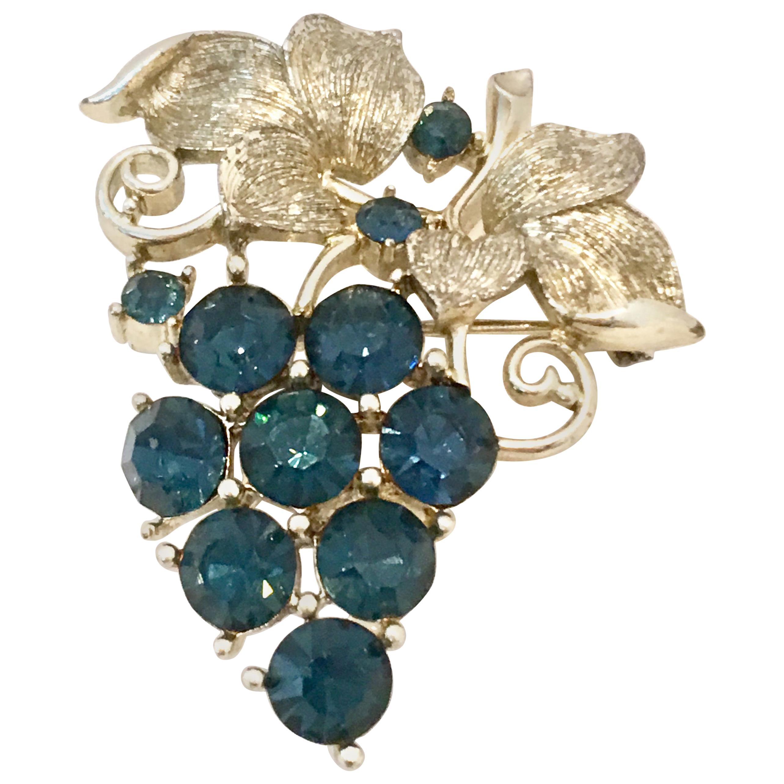 20th Century Silver & Blue Sapphire Crystal "Grape Bunch" Brooch By, Lisner For Sale