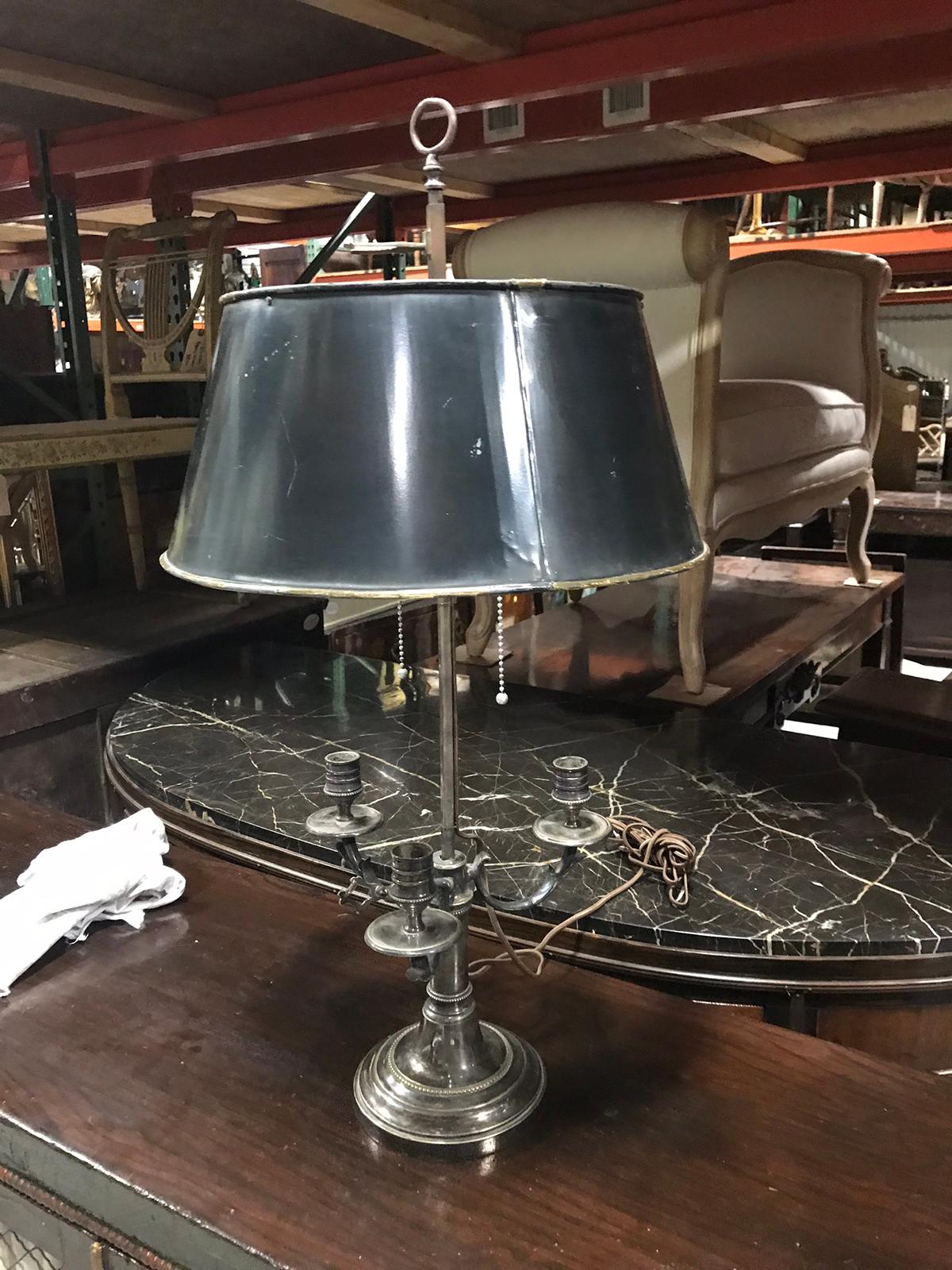 20th Century Silver Bouillotte Lamp with Dark Green Shade In Good Condition In Atlanta, GA