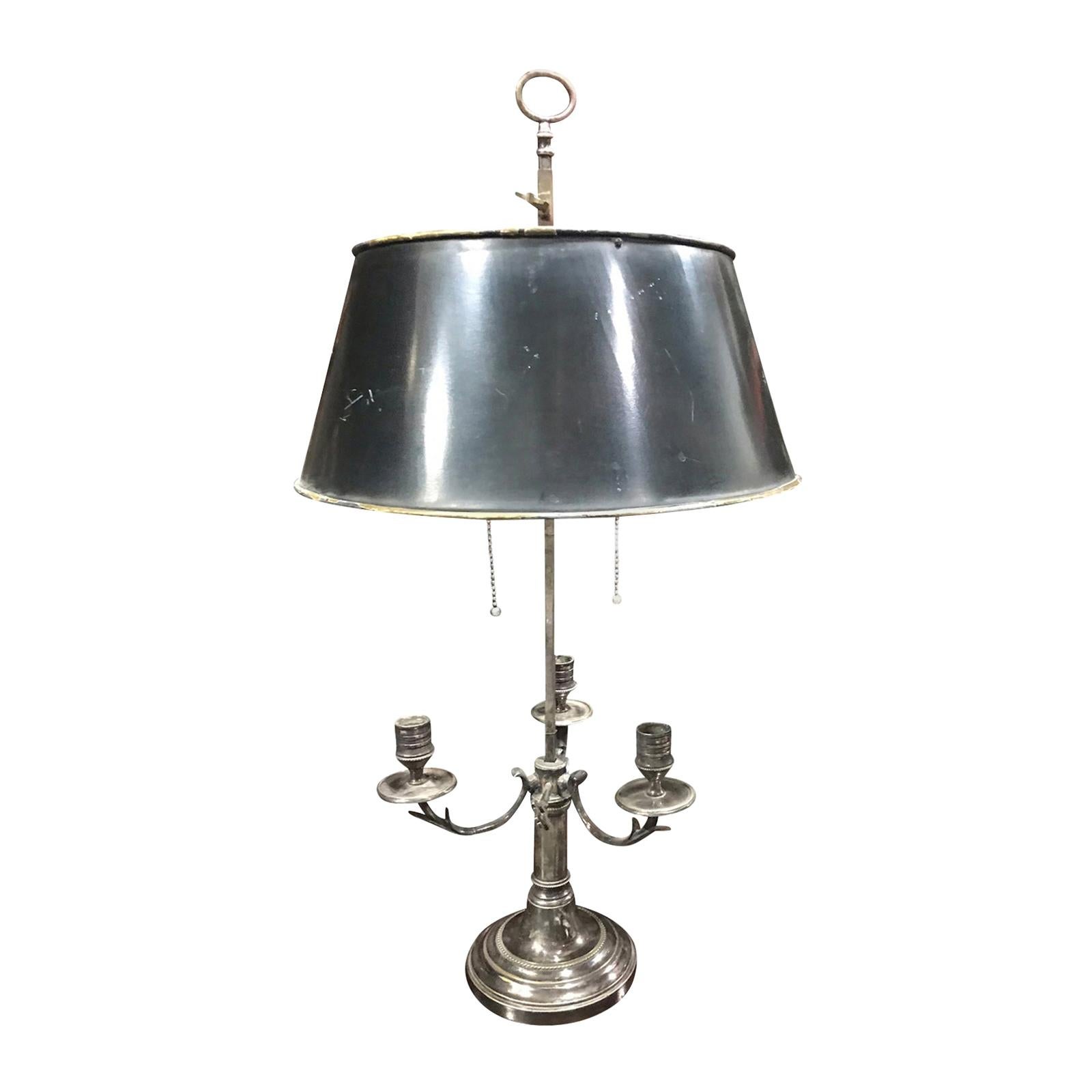 20th Century Silver Bouillotte Lamp with Dark Green Shade