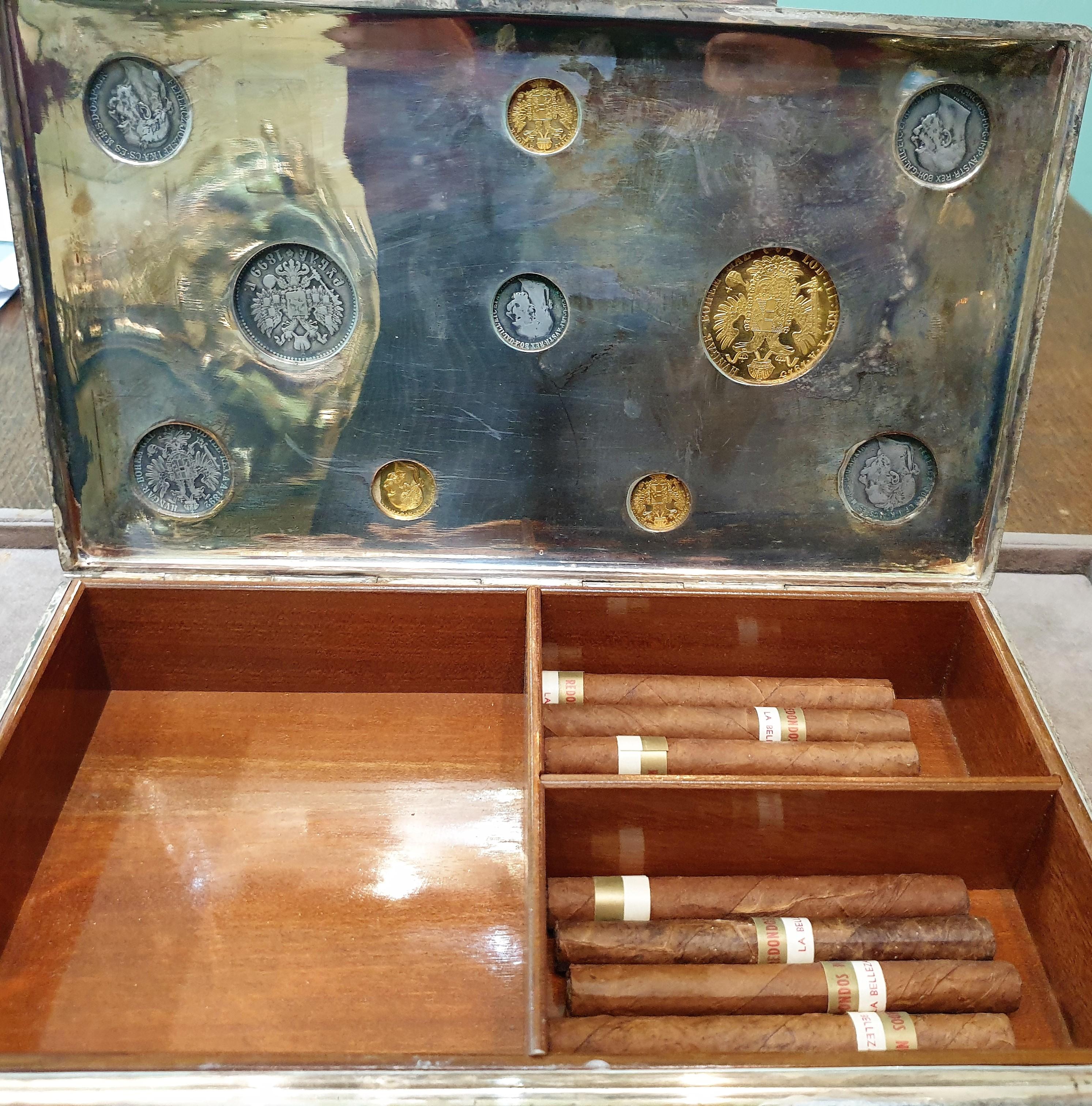 20th Century Silver Cigar Box with Silver and Gold Coins, Austria For Sale 1