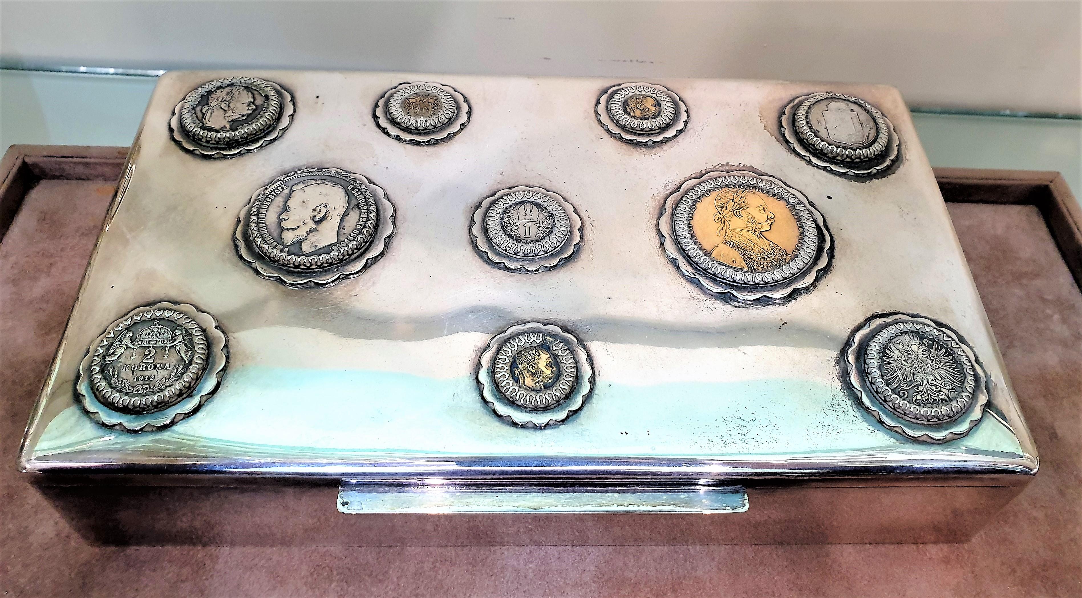20th Century Silver Cigar Box with Silver and Gold Coins, Austria For Sale 2